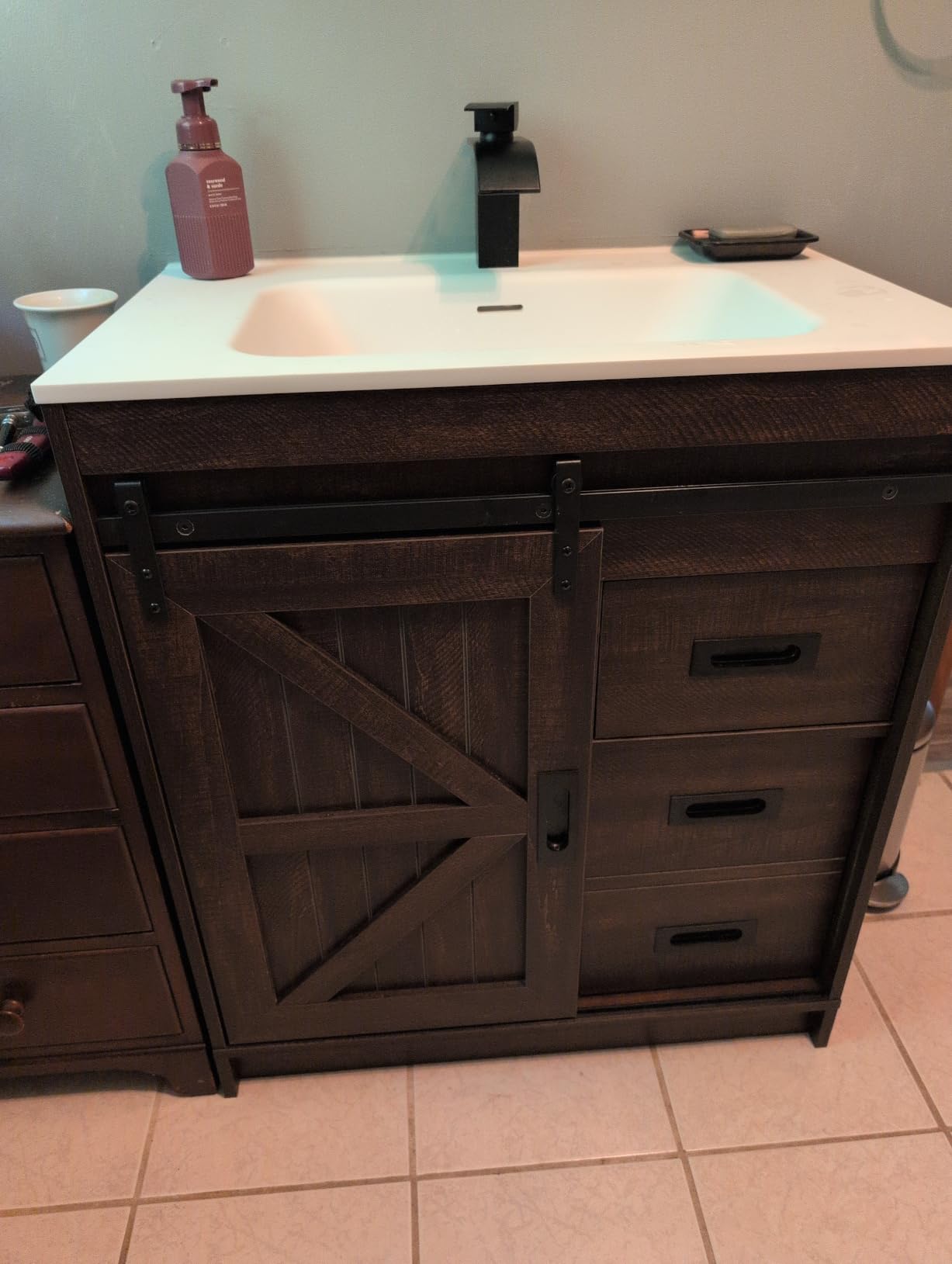 AMERLIFE Sliding Barn Door Bathroom Vanity with Sink, 30in Farmhouse Bathroom Vanity Cabinet Set with Sliding Doors & Drawers, Metal Handles, Small Single Bath Storage Vanity Sink Combo, Brown customer photo 2