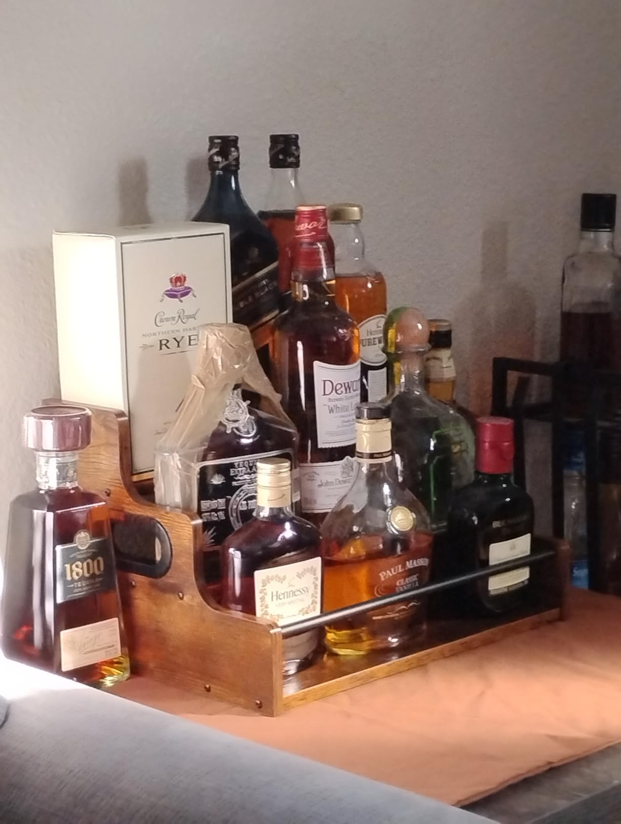KLM Liquor Bottle Display Shelf, Coffee Syrup Rack Organizer, 3 Step Countertop Liquor Wine Rack, mini bar, liquor cabinet, Home Retro Bar Shelf Stand for Liquor Whiskey, Spirits customer photo 1