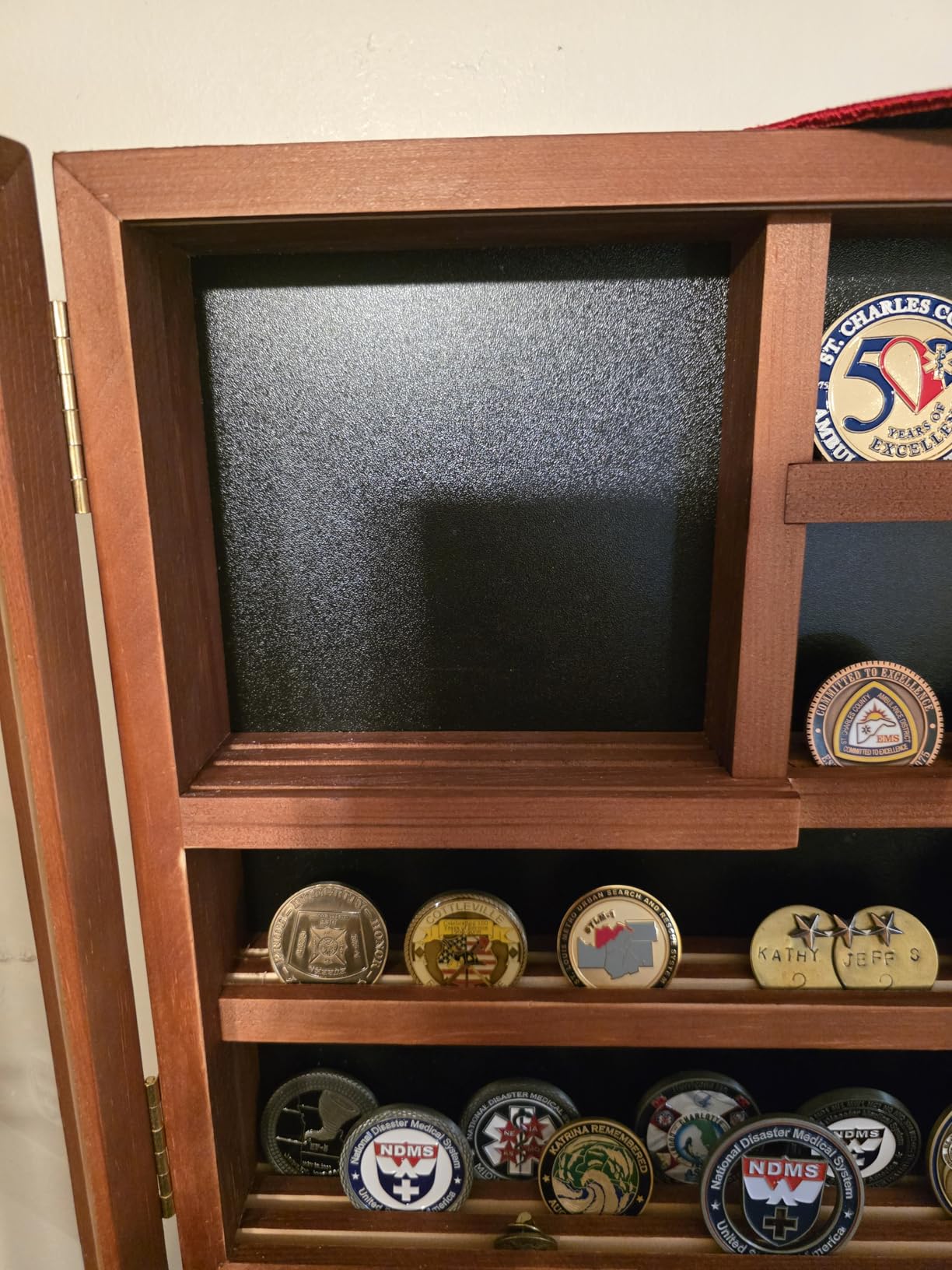 Challenge Coin Display Case, Lockable Military Coin Holder Cabinet | Removable Star Board & HD Tempered Glass Door, Solid Wood Wall Mount Coins Collection Rack Stand, Charcoal Brown customer photo 2