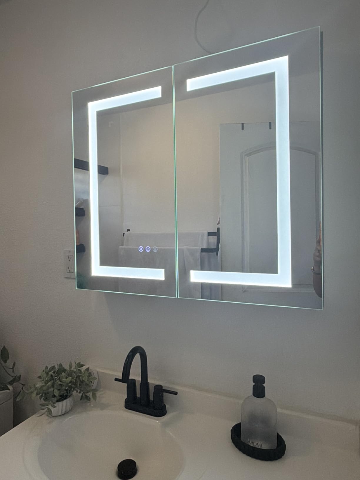 TETOTE LED Lighted Medicine Cabinet with Lights 30 x 26 Recessed or Surface Mount Cabinet Mirror for Bathroom Wall, 2 Door Tempered Glass Led Vanity Cabinet, Outlets & USB, 3-Color Dimming, Anti-Fog customer photo 1