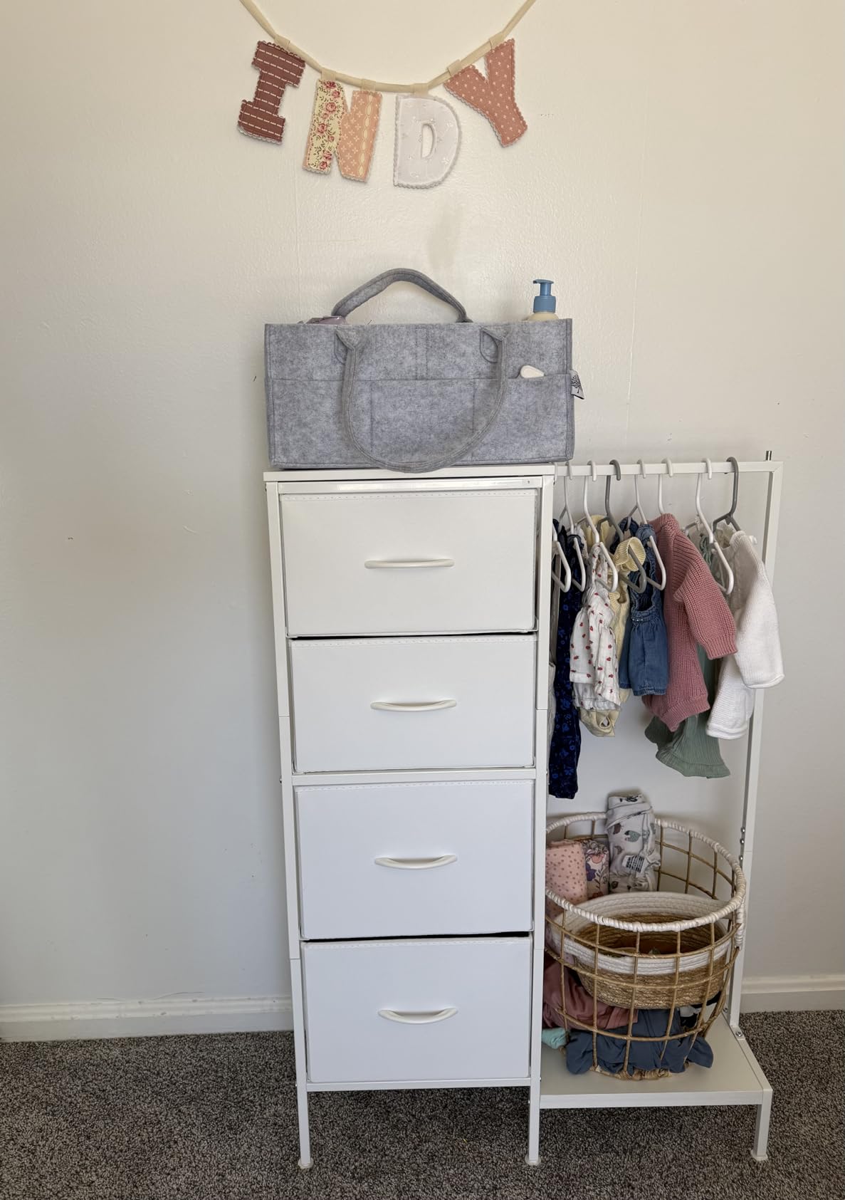 HIGDBFE Tall Dresser 44''H with Hanging Rack, 4 Drawers Small Closet Dresser for Bedroom, Reversible Fabric Chest of Drawers with Clothes Rack, Tall Storage Tower, Sturdy Frame, White customer photo 2
