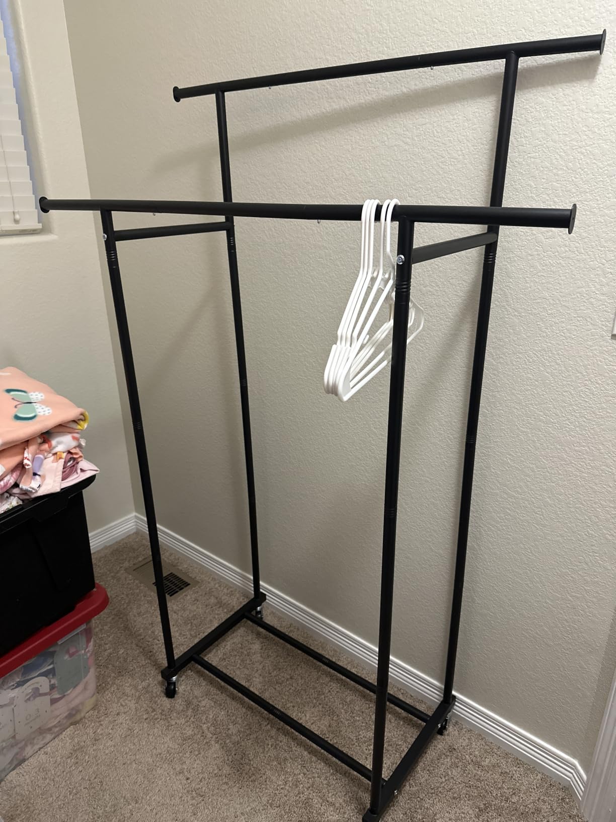 HYSEYY Double Rods Clothes Rack, Rolling Clothing Rack for Hanging Clothes Portable Wardrobe Rack, Metal Garment Rack Sturdy Coat Rack for Bedroom Laundry Living Room, Black customer photo 1