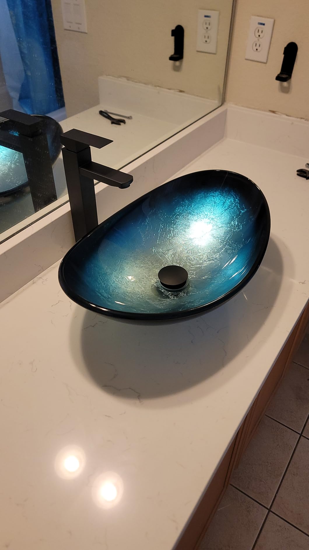 Bathroom Boat Shape Artistic Glass Vessel Sink Free Black Faucet and Pop-up Drain Set, Gold customer photo 1