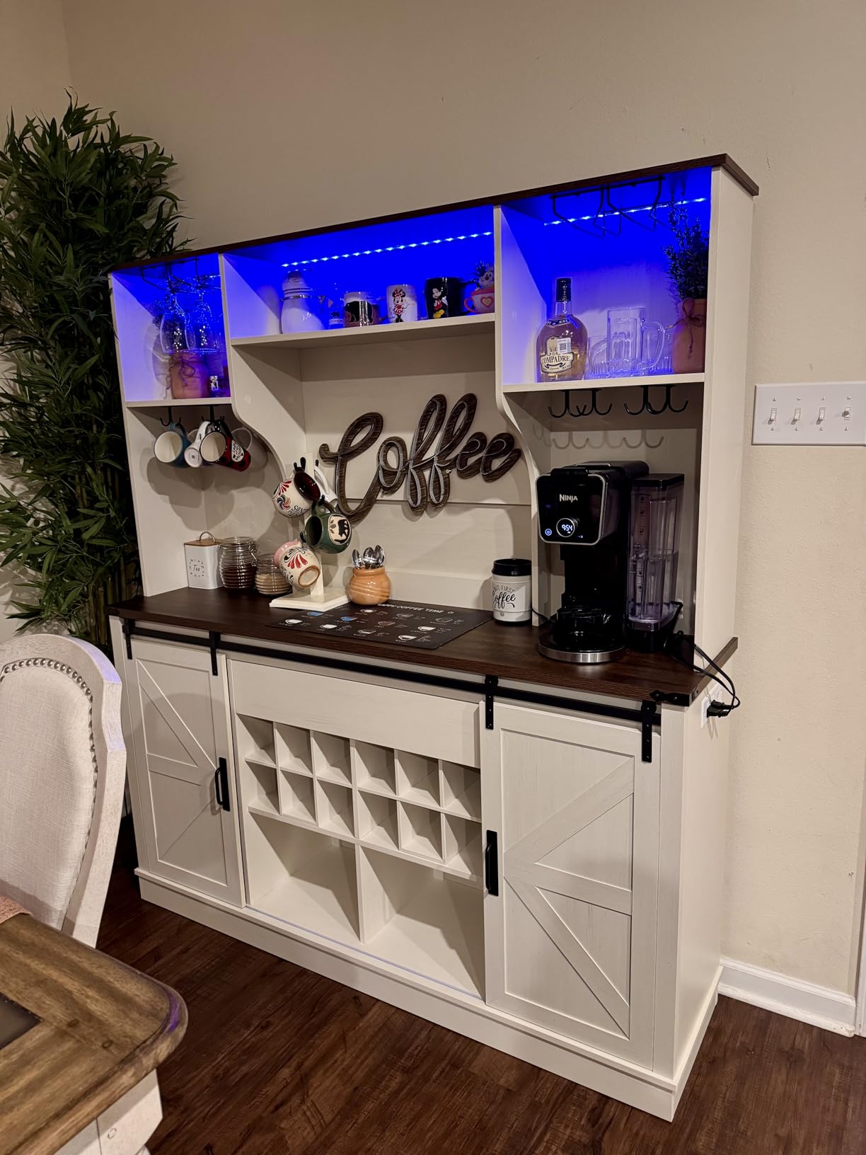 Farmhouse Coffee Bar Cabinet with LED Light, Charging Station & Sliding Barn Doors - 63
