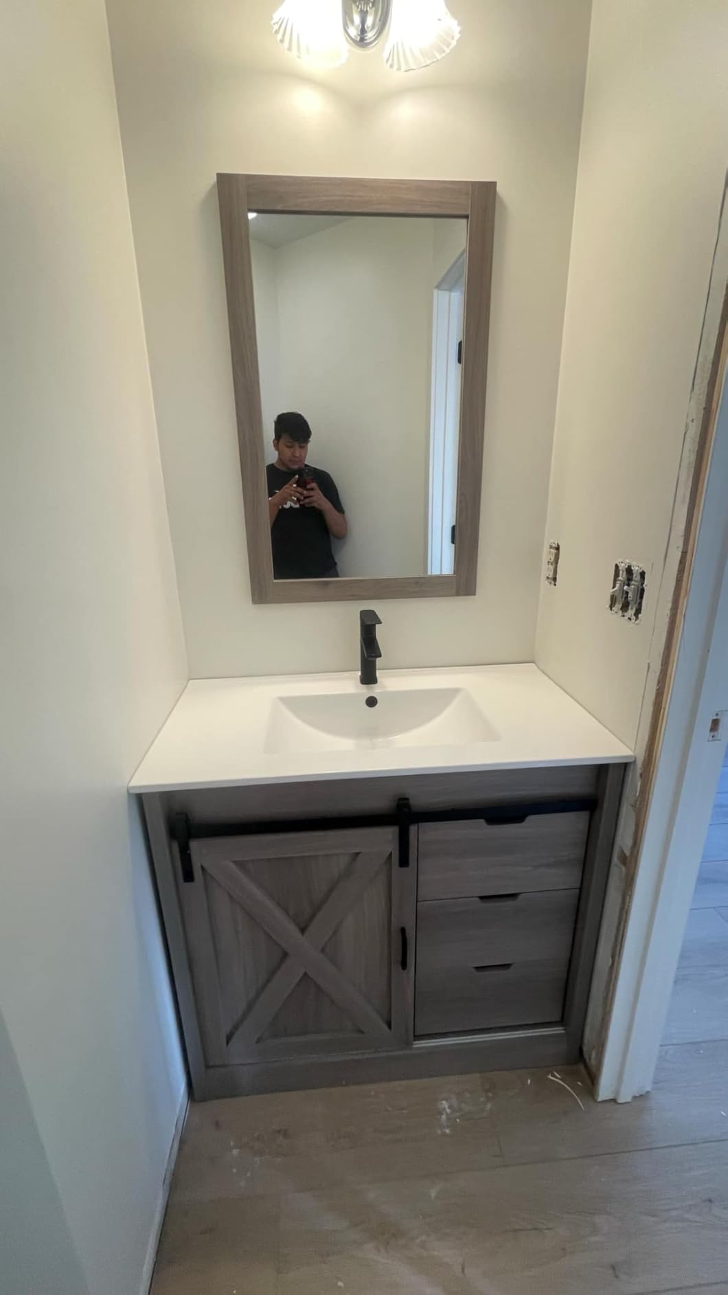 chartustriable 36 Inch Bathroom Vanity with Sink & Faucet & Mirror, Farmhouse Bathroom Vanity Cabinet Set with Sliding Barn Door & Drawers, Small Single Bath Storage Vanity Sink, Grey customer photo 1