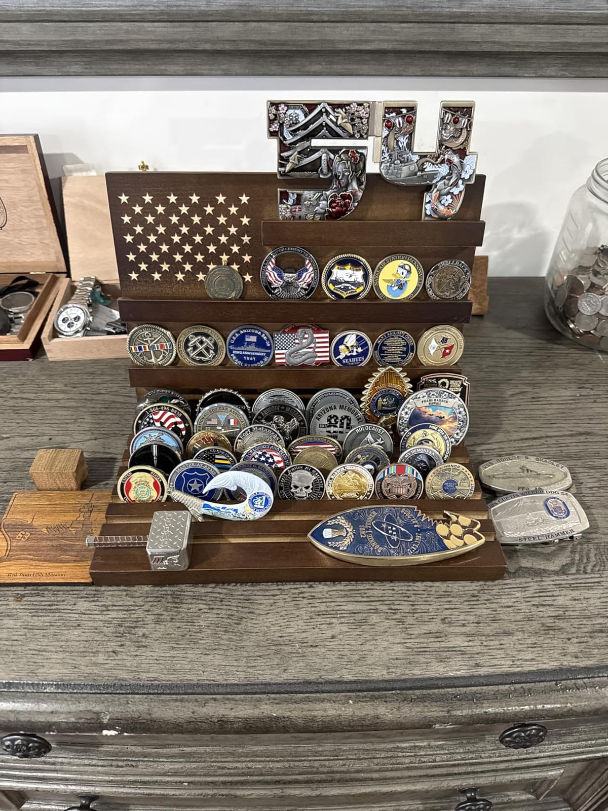 Challenge Coin Display, Walnut Military Coin Holder Tabletop Case | Large Slotted Stand Hold 80 Multi Coins 3+8 Racks Solid Wood Gift for Navy Army Police Veterans Collection Desktop Decorative customer photo 1