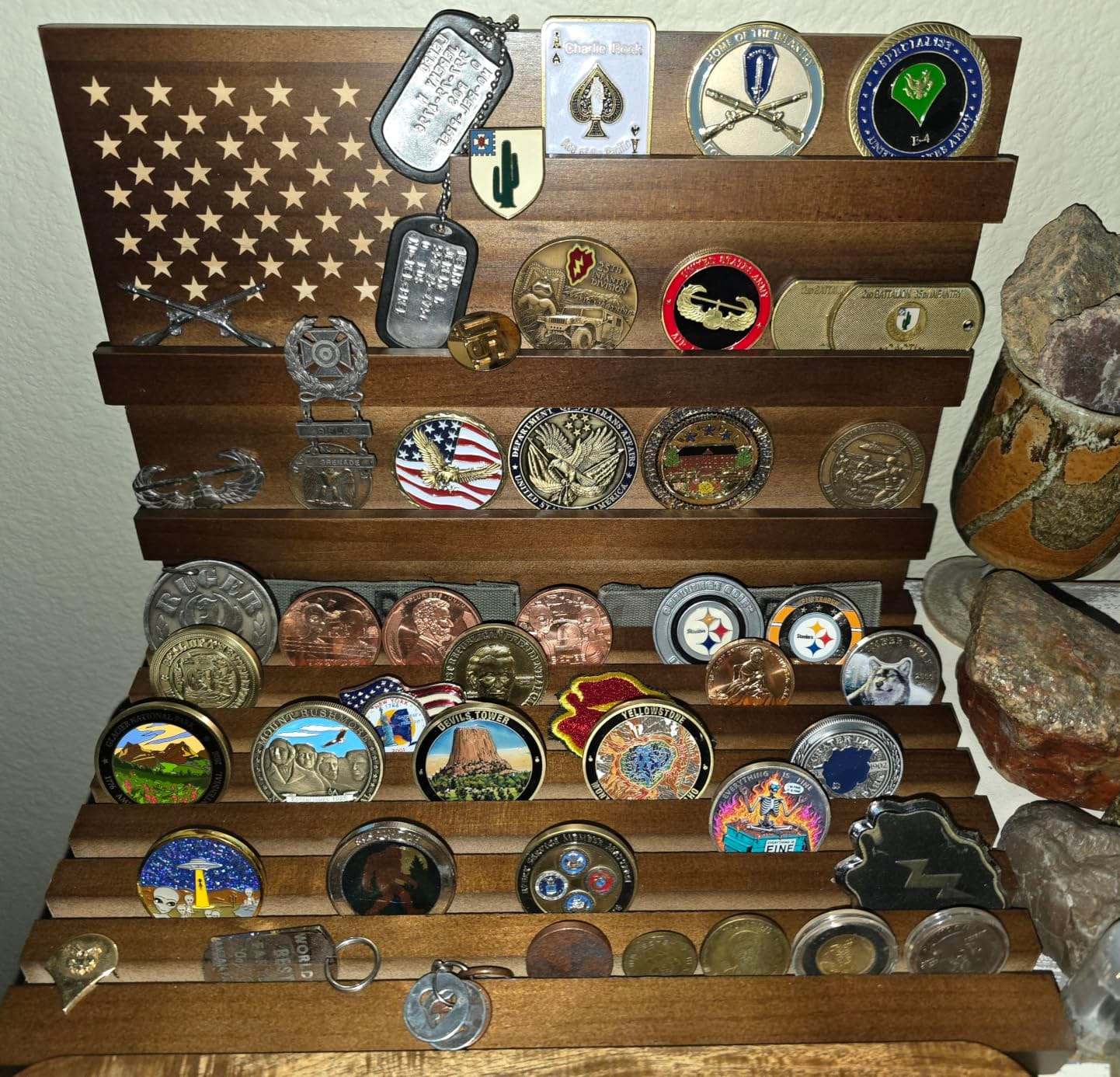 Challenge Coin Display, Walnut Military Coin Holder Tabletop Case | Large Slotted Stand Hold 80 Multi Coins 3+8 Racks Solid Wood Gift for Navy Army Police Veterans Collection Desktop Decorative customer photo 2