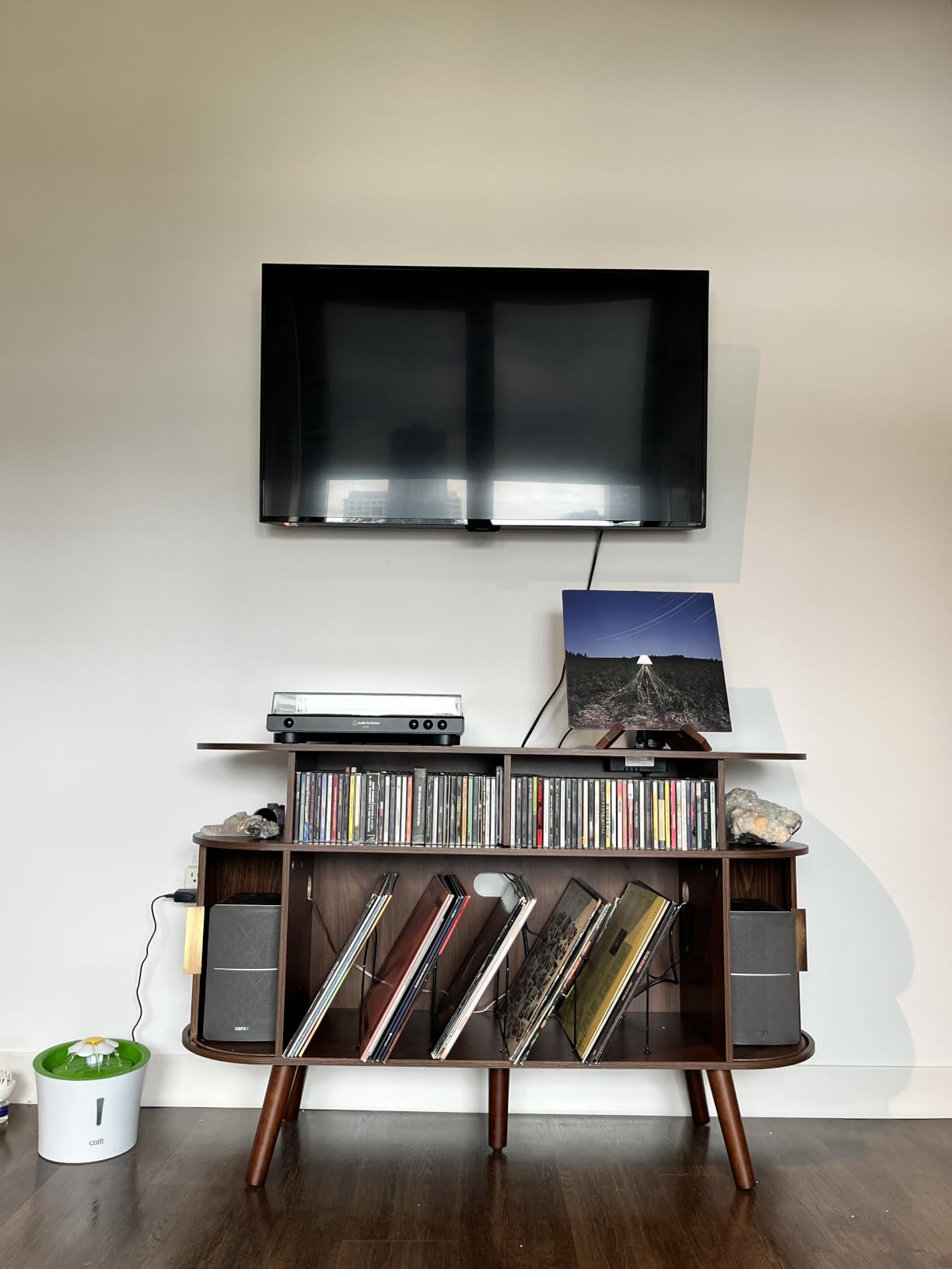PRAISUN 47.2 Inch Large Record Player Stand with Power Outlets & 3-Color Lights, Vinyl Record Stand with 2 Fluted Cabinets, USB-C Port, Mid Century Modern Player Stand, Open Storage, Walnut customer photo 1