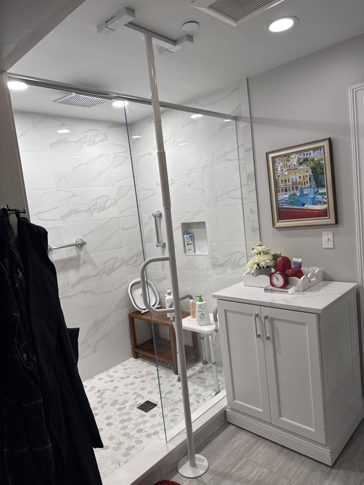 Stander Double Handle Non-Rotating Floor to Ceiling Grab Bar, No-Drill Tension Mounted Transfer Pole for Seniors, Bath Safety & Bedside Assist Rail for Home Standing Support & Fall Prevention, White customer photo 2