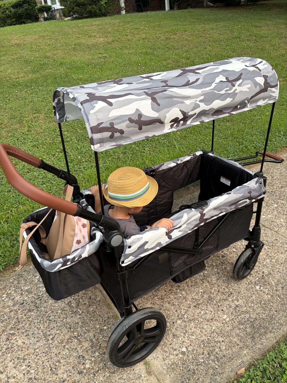 ELEMARA All-Terrain Stroller Wagon for 2 Kids, Foldable Kids Wagon Stroller Includes Removable Canopy, Mosquito net, Adjustable Push & Pull Handle, Snack Tray & Cup Holders, Storage Basket, Grey+Black customer photo 2
