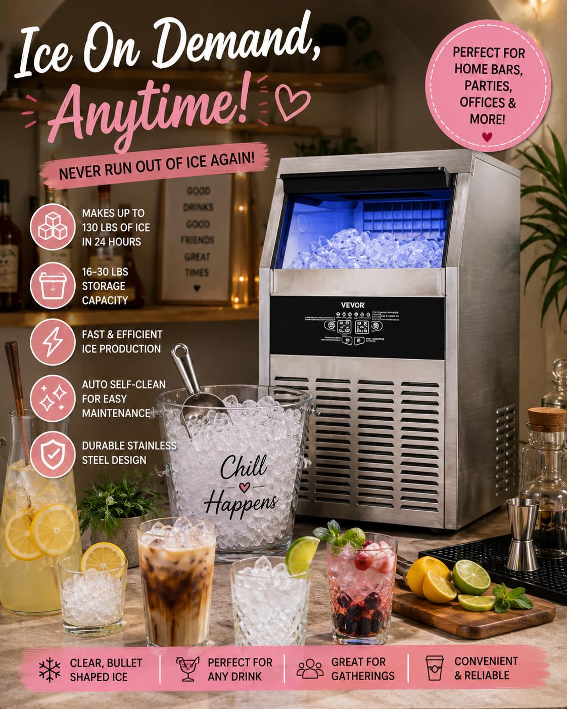 VEVOR Commercial Ice Maker Machine, 130 lbs/24h with 16-30 lbs Storage Capacity, Built-in/Freestanding/Under Counter, Stainless Steel Ice Maker with LED Display & Self-Cleaning customer photo 2