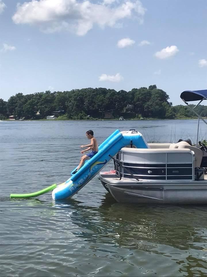 RAVE Sports Inflatable Pontoon Slide, 10 ft, Includes Large Grab Handles, Vinyl Step Insets, High Pressure Pump, Commercial Grade Inflation Valve, Heavy Duty Material, Safety Sides and Straps customer photo 1