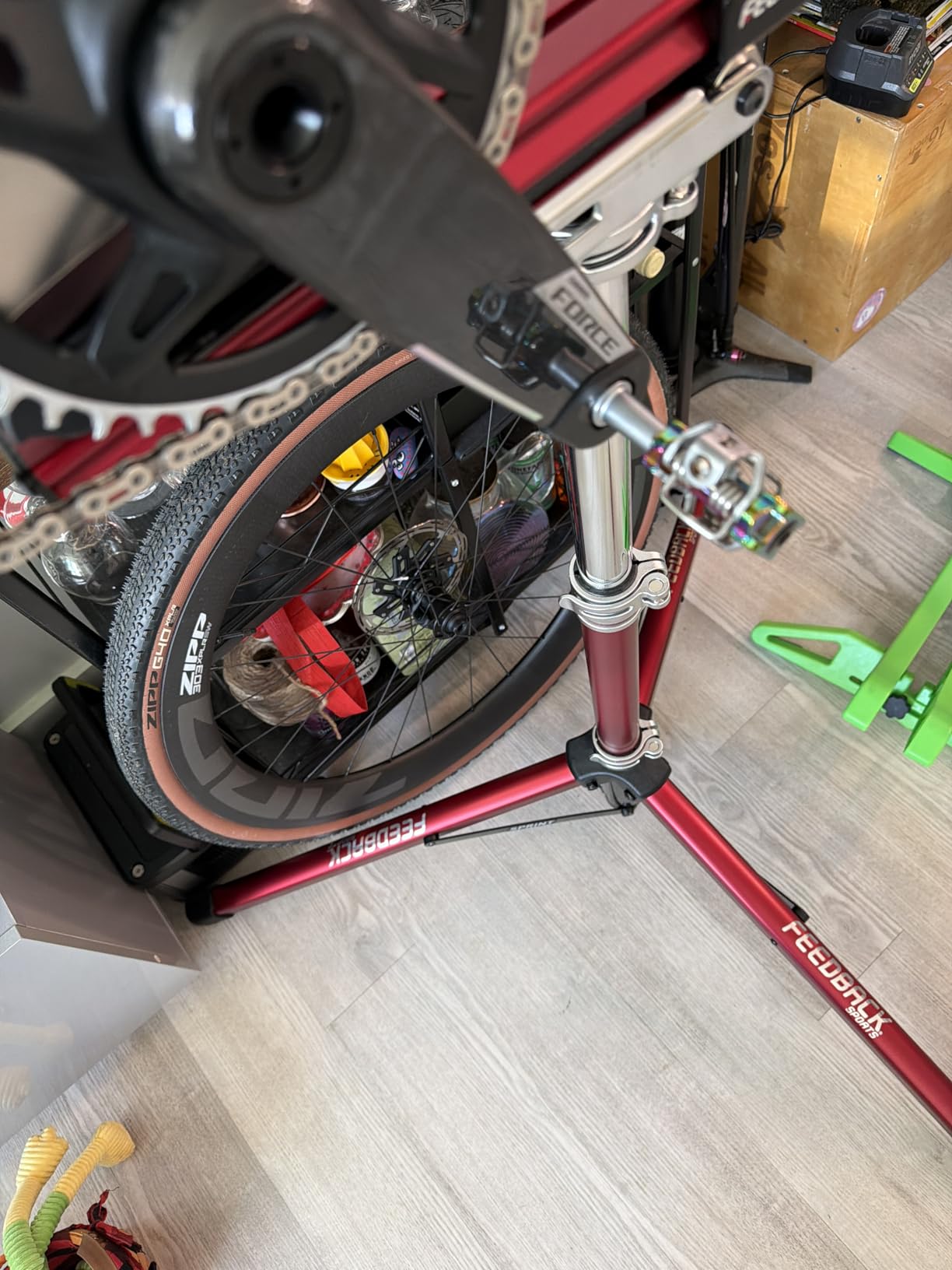 Feedback Sports Sprint Bike Repair Stand, Compact Bike Workstand, Red | Dropout-style mount locks bikes securely; 360-degree platform rotates for full access during precise service customer photo 1