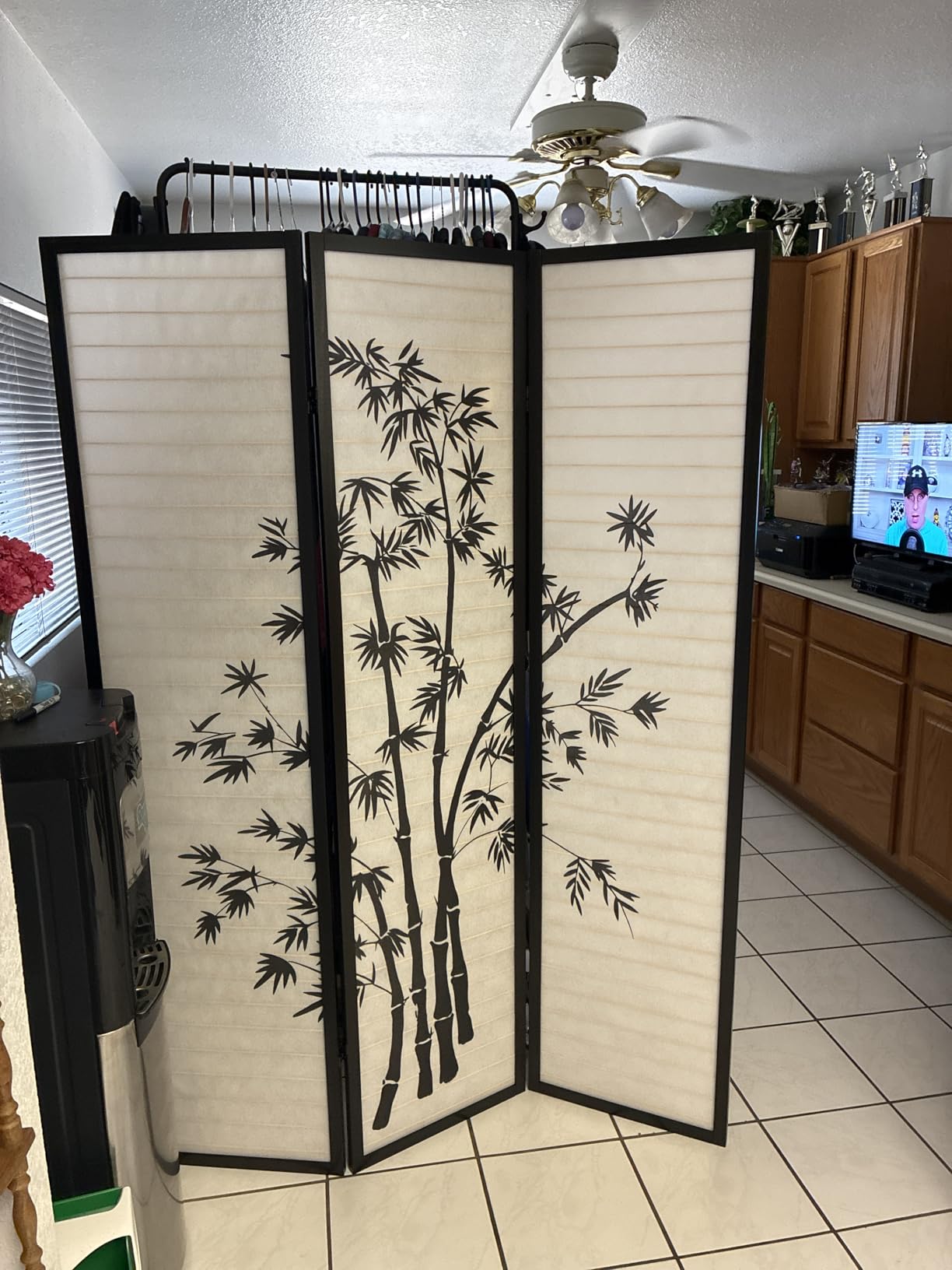Roundhill Bamboo Print 4-Panel Framed Room Screen/Divider, black customer photo 2