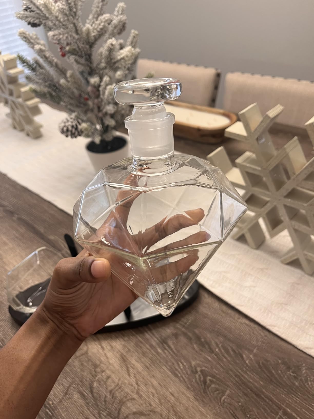 Whiskey Decanter Diamond shaped With 2 Diamond Glasses & Mahogany Wooden Holder – Elegant Handcrafted Crafted Glass Decanter For Liquor, Scotch, Rum, Bourbon, Vodka, Tequila – Great Gift Idea – 750ml customer photo 2
