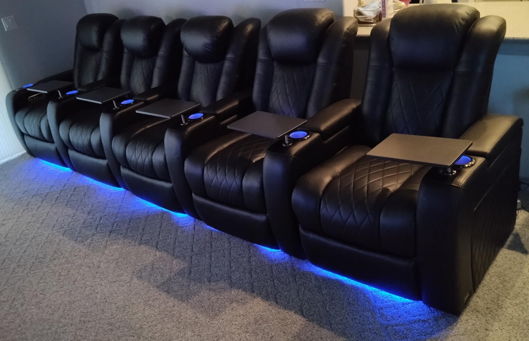 Valencia Tuscany Home Theater Seat - Nappa Leather Power Recliner with Cool Gel Memory Foam, USB-C/USB-A Charging, RGB LED Lights, Adjustable Lumbar & Headrest (Row of 4, Black) customer photo 1