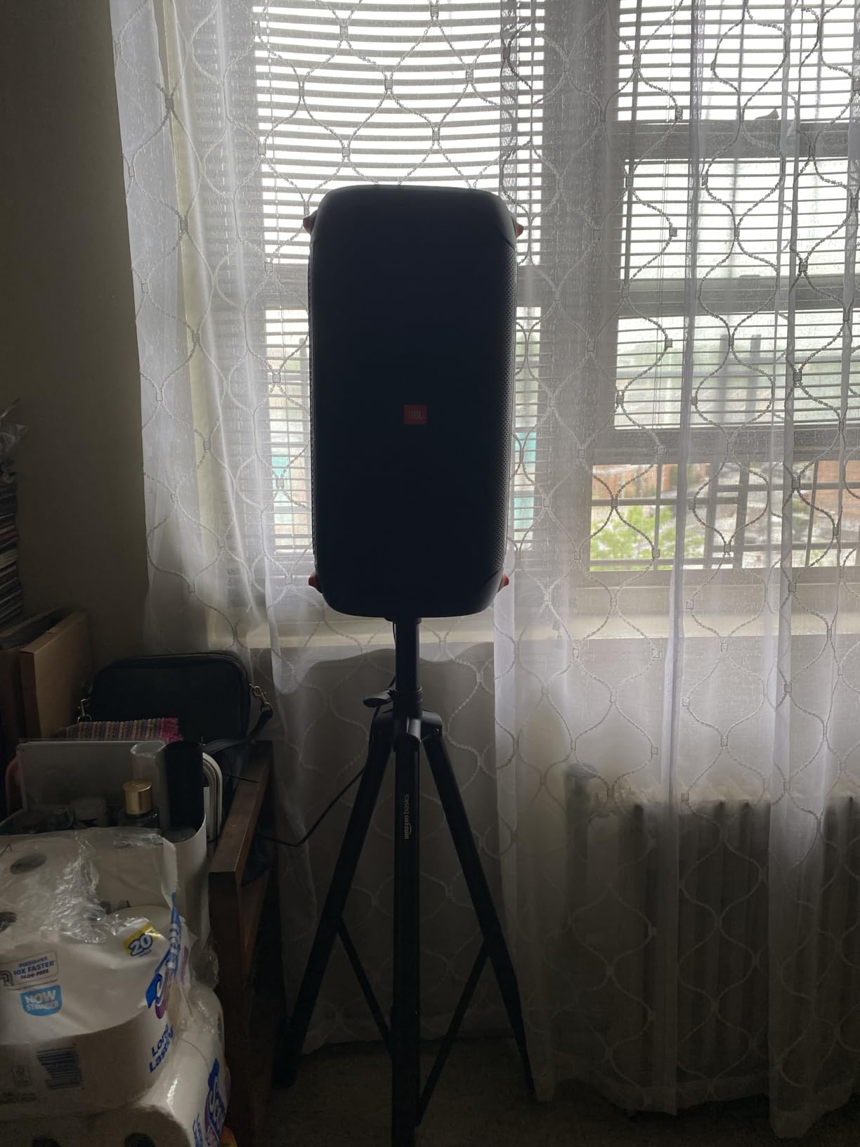 Amazon Basics Adjustable Height Tripod Speaker Stand, Sturdy Steel, Holds up to 99.2 lbs, 52