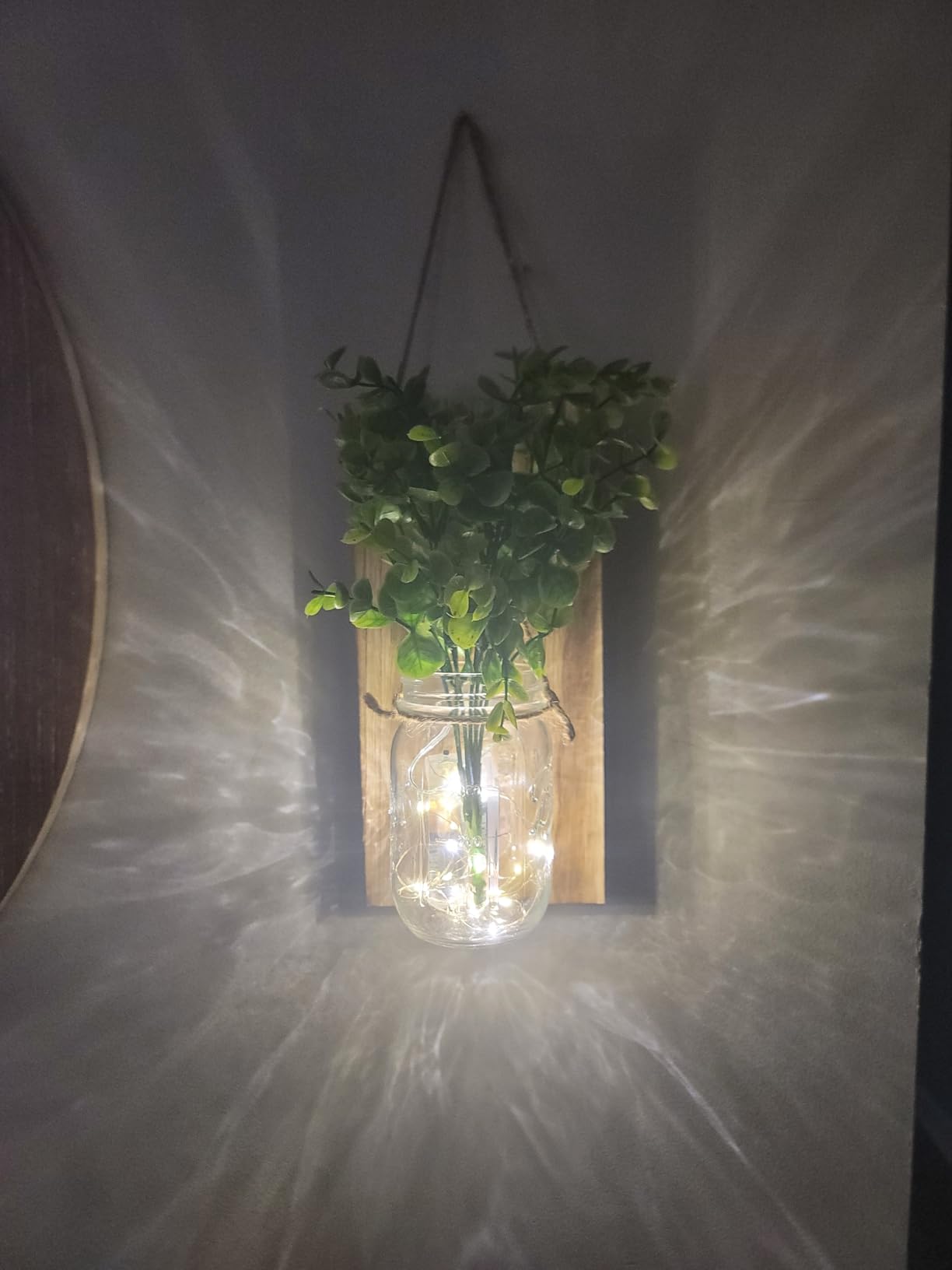 Rustic Wall Sconces, Mason Jar Sconces, Farmhouse Home Decor, LED Fairy Lights, Green Fake Plant, Interior Decoration Warm Toned Lighting. (2 Pack) customer photo 1