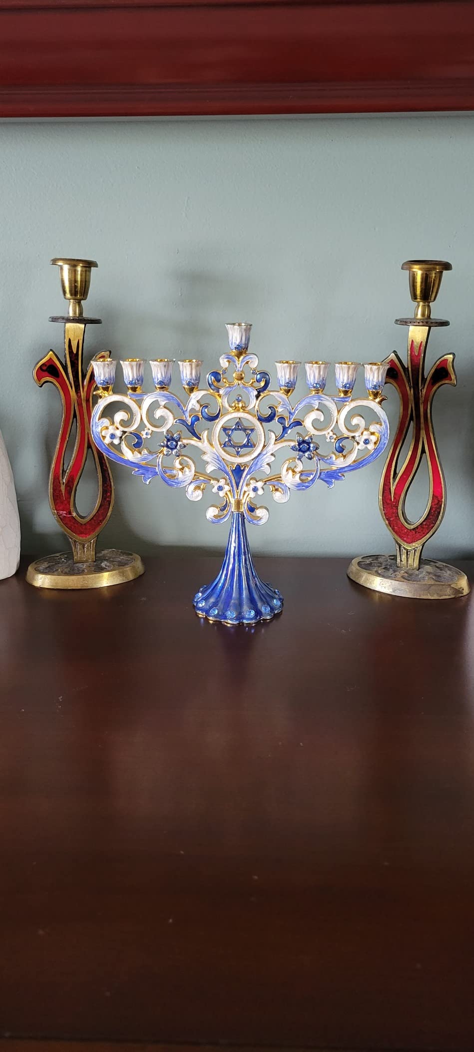 Artistic Chanukah Candle Menorah Elegantly Jeweled and Gold Plated Tree Fleur De Lis Menora for Hanukkah (Classic Blue) in Elegant Gift Box By Zion Judaica customer photo 1