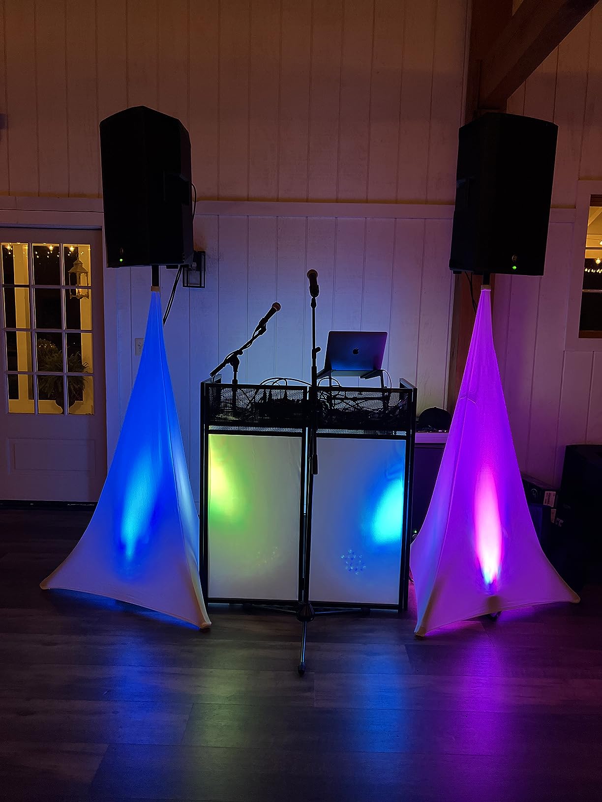 AxcessAbles Portable DJ Facade Booth with Black and White Lighting Scrims, Carry Cases | Standing DJ Table - 40