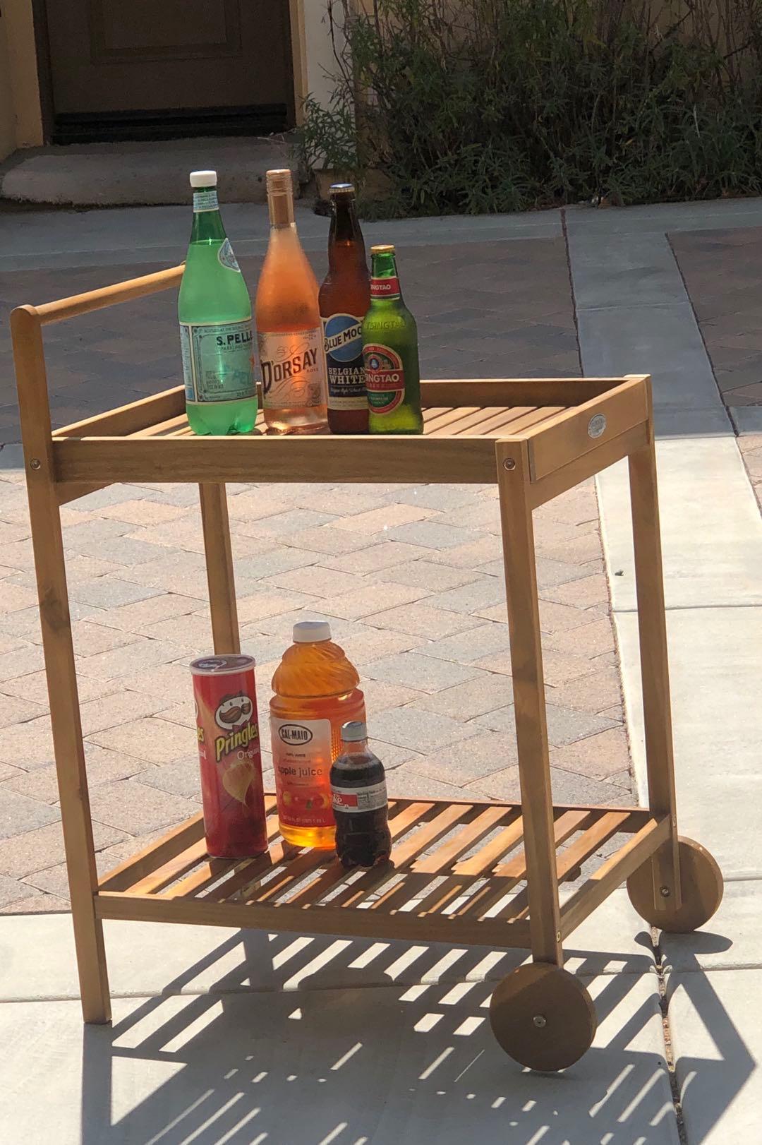 Tangkula Wood Bar Cart, Outdoor Indoor 2 Tier Rolling Serving Cart with Wine Bottle Holders and 2 Rubber Wheels, Bar Table Beverage Drink Cart for Kitchen, Patio, Garden and Poolside, Natural customer photo 1