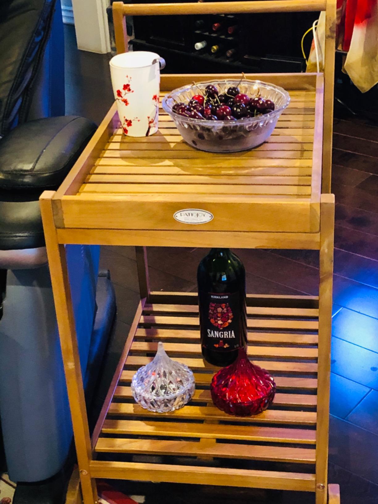 Tangkula Wood Bar Cart, Outdoor Indoor 2 Tier Rolling Serving Cart with Wine Bottle Holders and 2 Rubber Wheels, Bar Table Beverage Drink Cart for Kitchen, Patio, Garden and Poolside, Natural customer photo 2