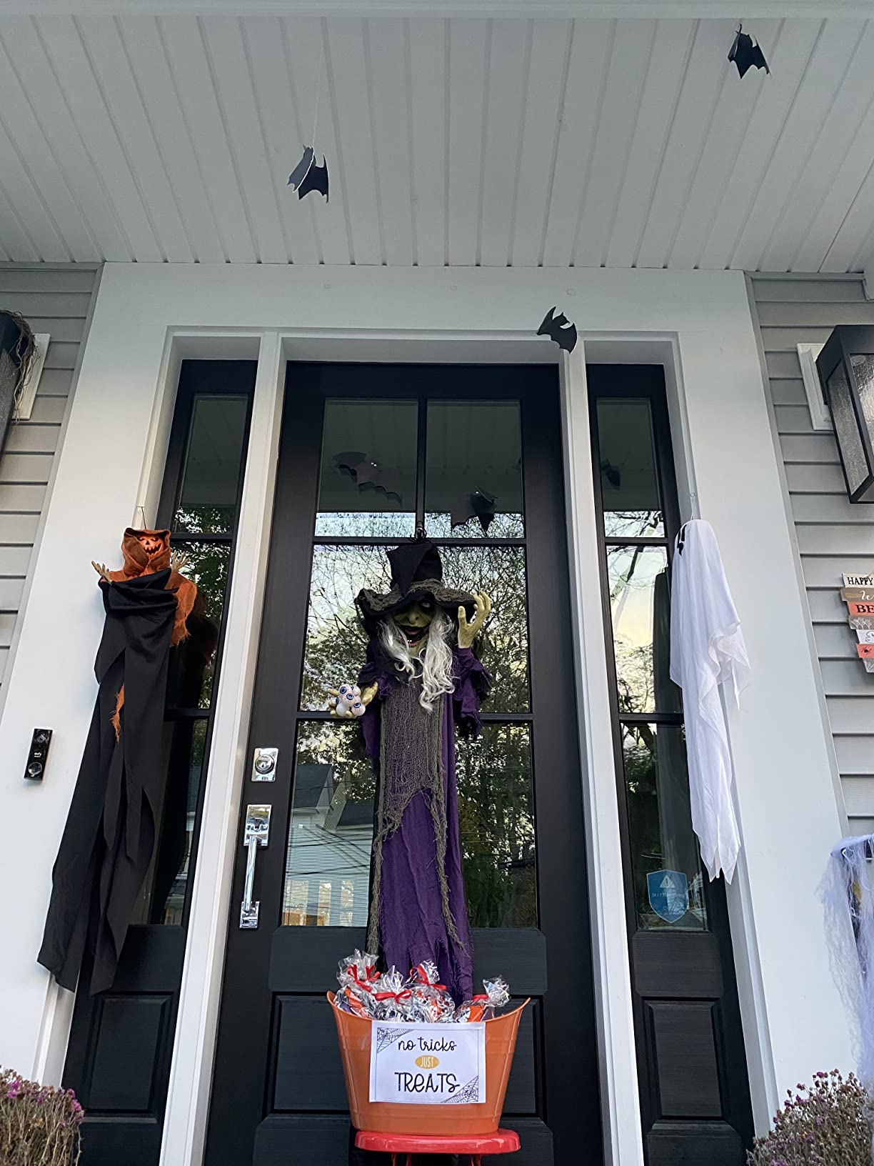 JOYIN 72” Halloween Hanging Witch Decorations Outdoor, Flying Talking Ghost Decor Light Up Eyes Sound Activated, Outside Indoor Haunted House Prop for Lawn Yard Garden, Purple customer photo 2