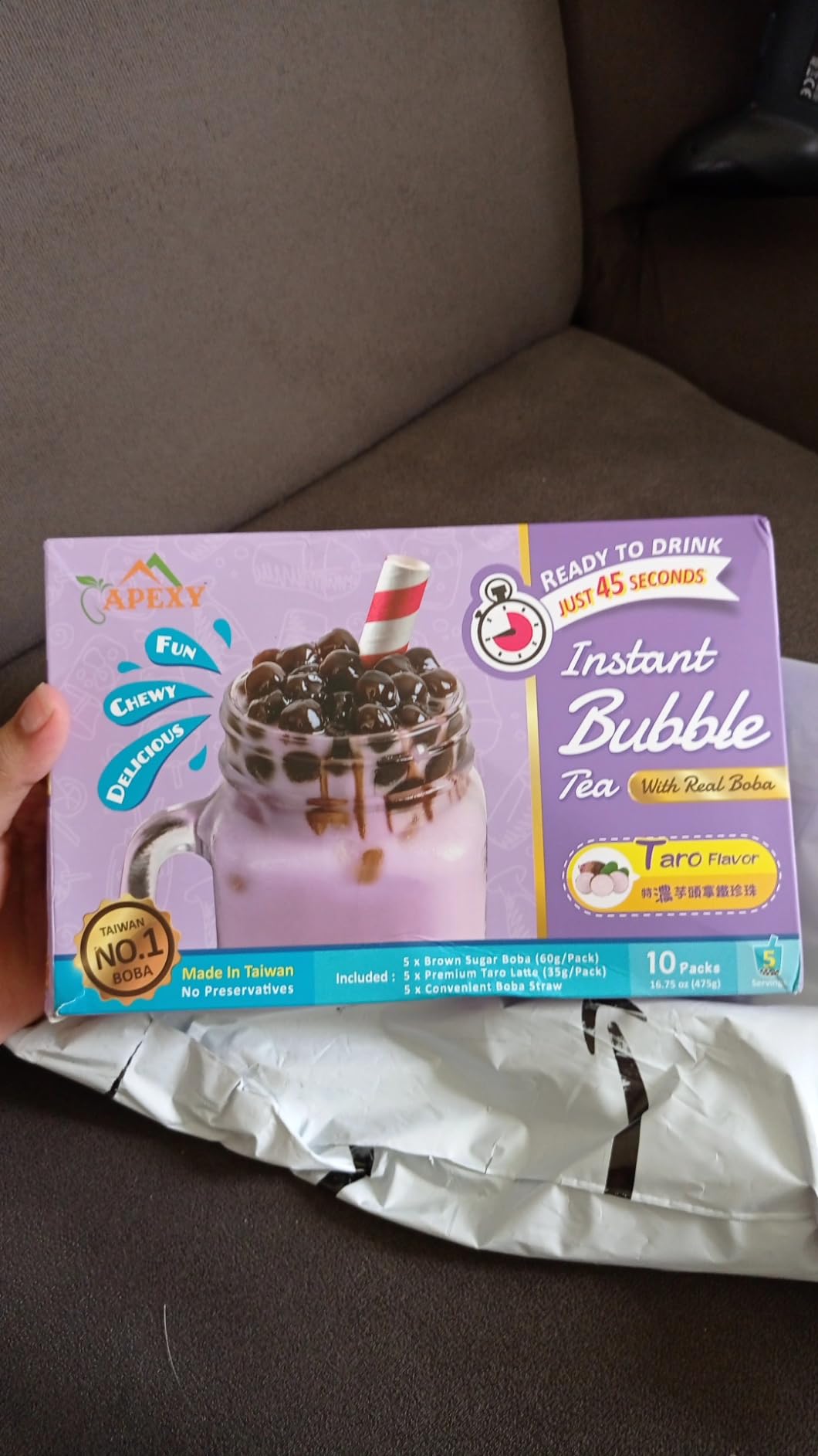 Bubble Tea COMPLETE SET. BEST DIY Boba/Bubble Tea Kit, Ready In 45 Seconds, 5 Packs Milk Tea Powder + 5 Packs Brown Sugar Tapioca Pearls+ 5 Bubble tea Straws By APEXY, Taro customer photo 1