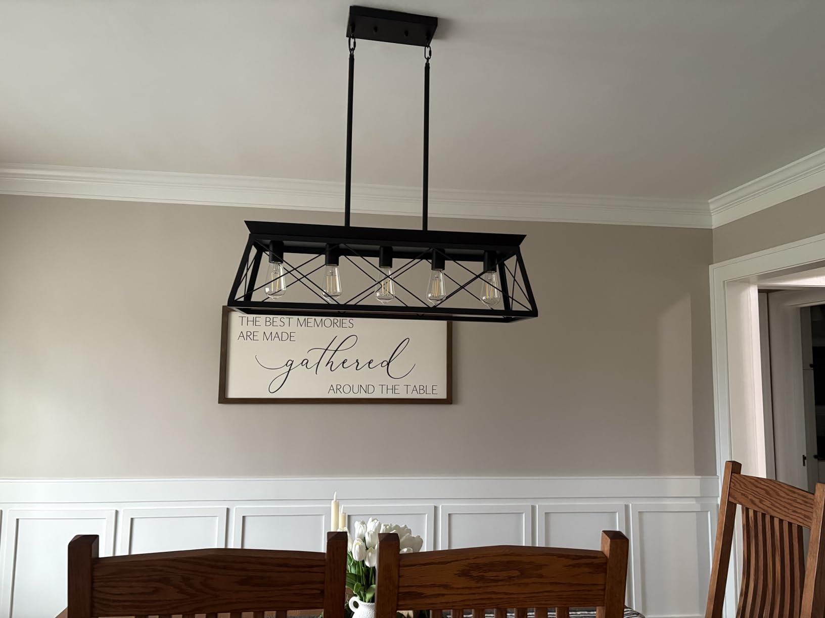 Farmhouse Chandeliers for Dining Room, Rustic Kitchen Island Light Fixture, 5-Light Linear Pendant Lighting Rectangular Chandelier, Metal Solid Ceiling Lights customer photo 1
