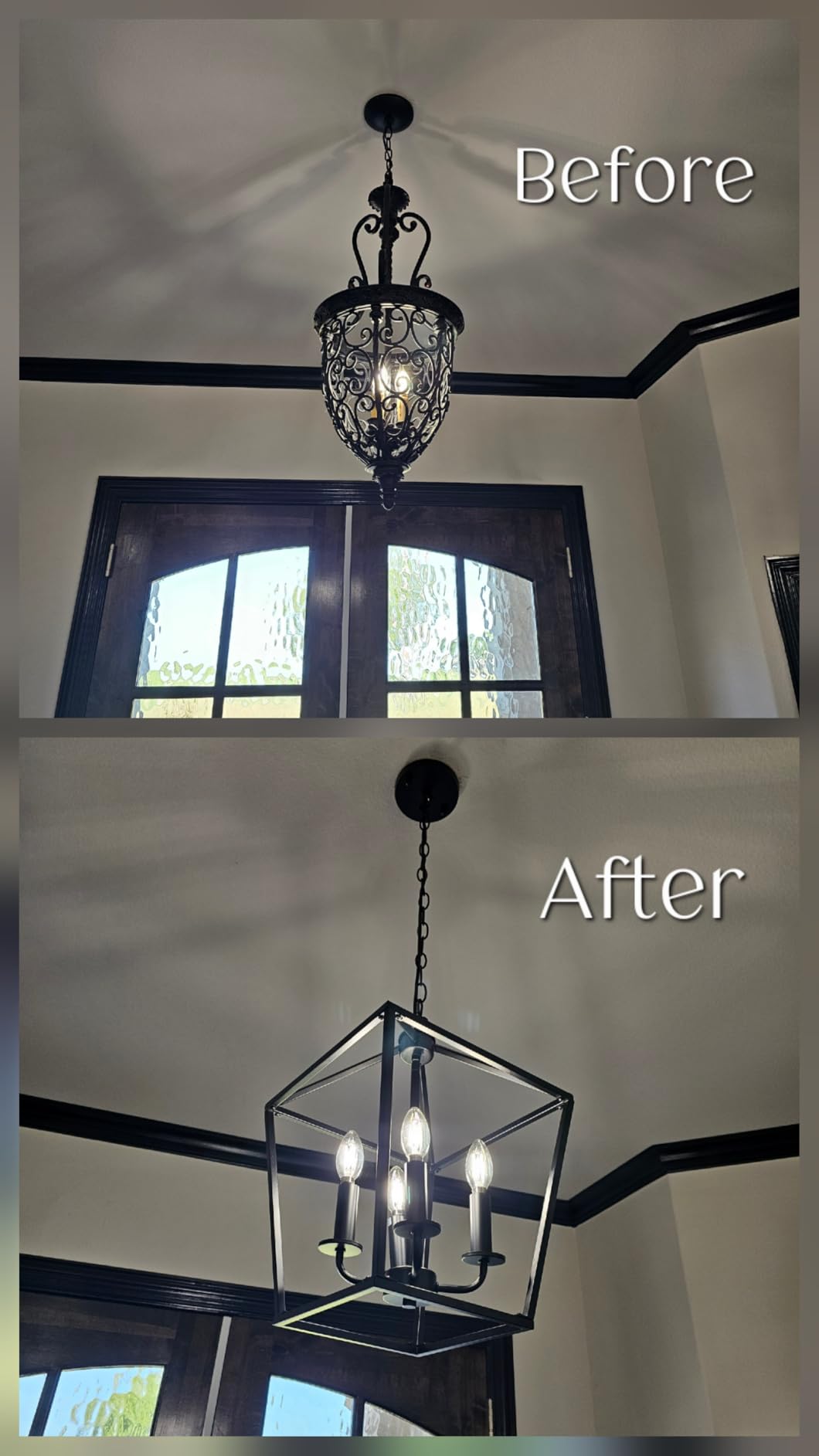 Farmhouse Chandelier Light Fixture for Kitchen Dining Room, 4-Light Rustic Pendant Hanging Ceiling Light Height Adjustable in Oak Wood Finish, Cage Lantern Lighting with E12 Base for Hallway Foyer customer photo 2