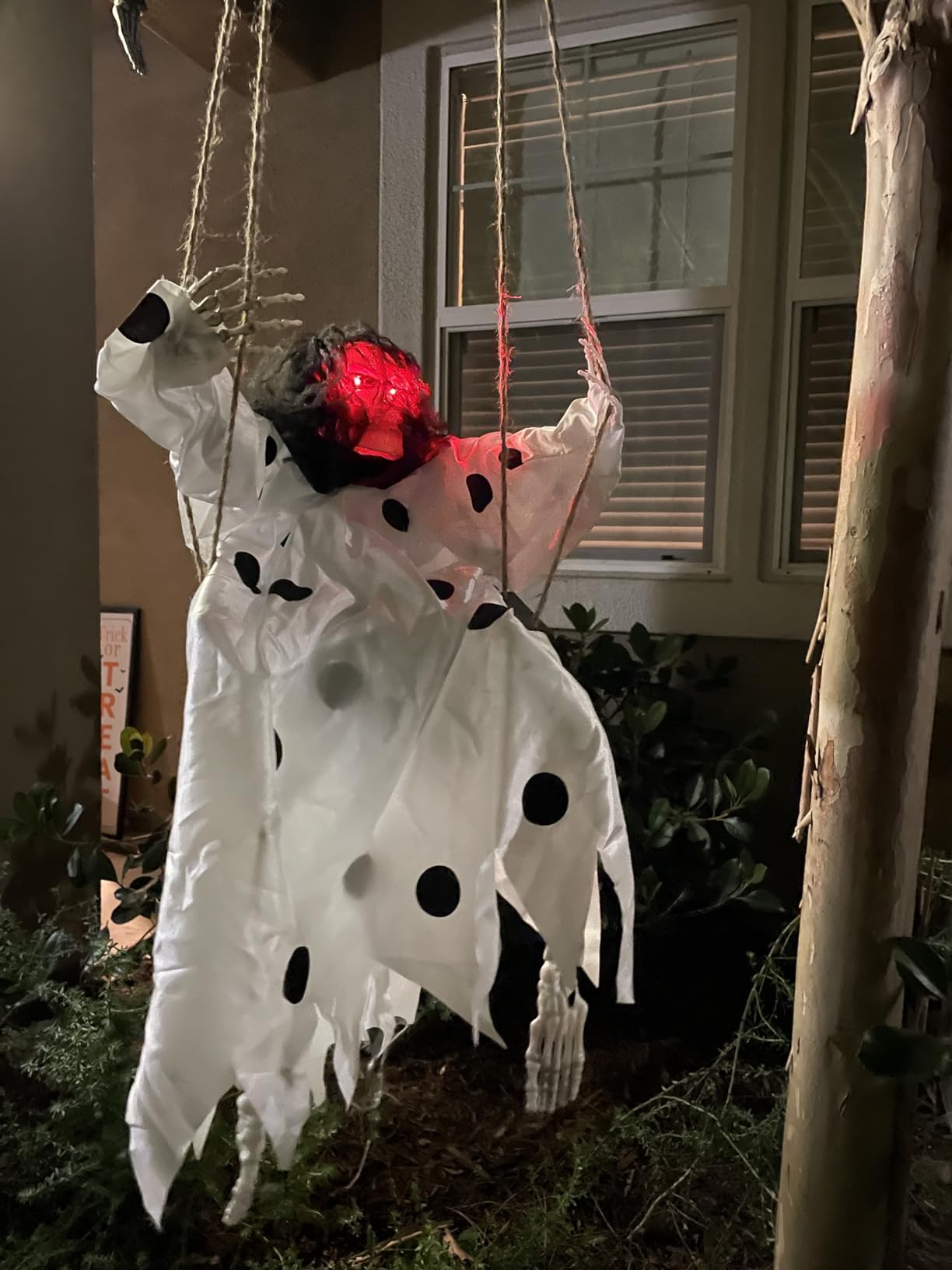 JOYIN 2 Pcs Halloween Hanging Swinging Ghosts Decorations Outdoor, Halloween Scary Decor with Lighted Up Eyes, Creepy Swinging Skeleton Flying Props for Yard Patio Lawn Garden customer photo 1