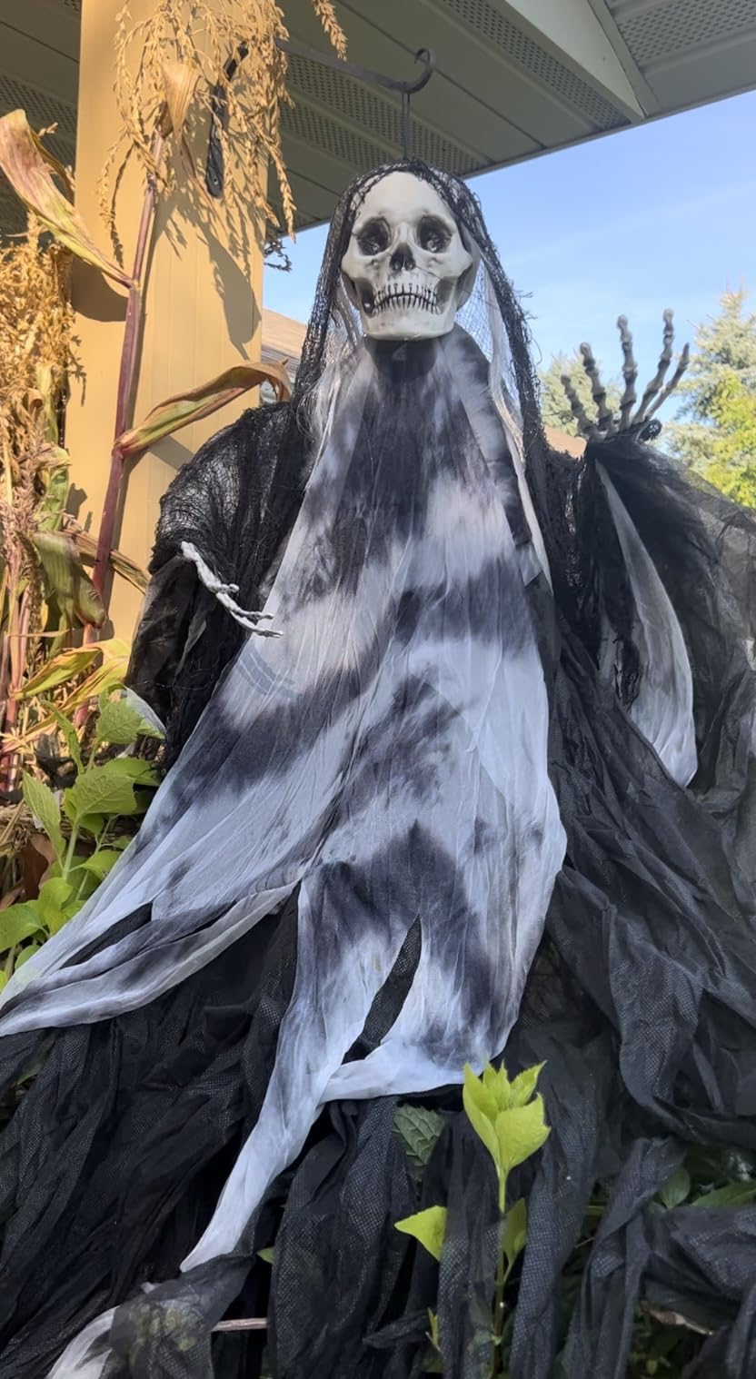 JOYIN Halloween Animated Hanging Grim Reaper Outdoor Decorations with Voice Control Glowing Eyes and Creepy Sound, Halloween Decoration for Haunted House Prop Graveyard Lawn Indoor Party Supplies customer photo 2