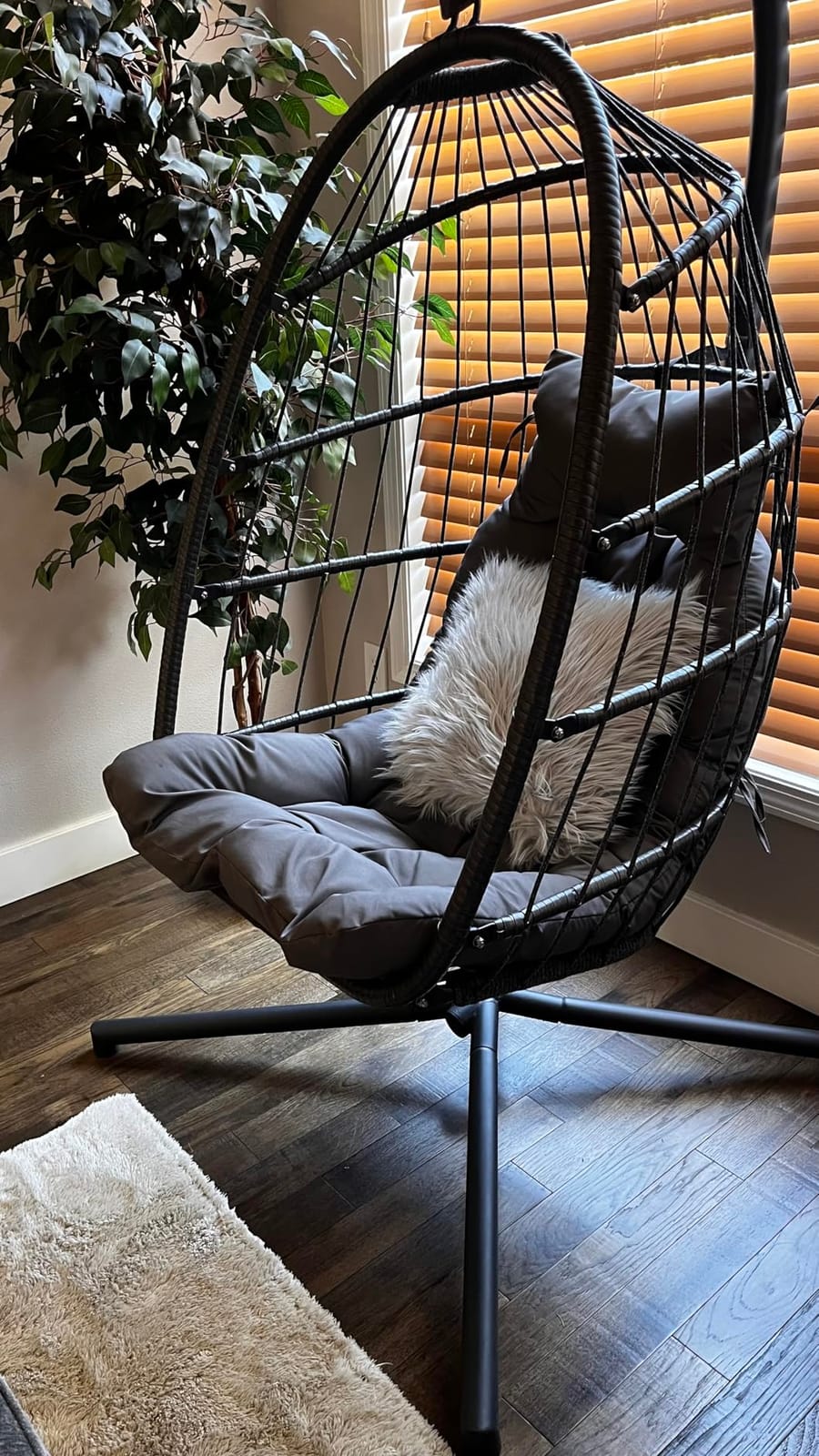 NICESOUL Hanging Egg Chair with Stand Indoor Outdoor, Comfy Patio Rattan Swing Hammock Chairs with Cushion, 350lbs Capacity Egg Shaped Chair for Lawn Backyard Balcony Bedroom, Birthday Gift, Beige customer photo 1