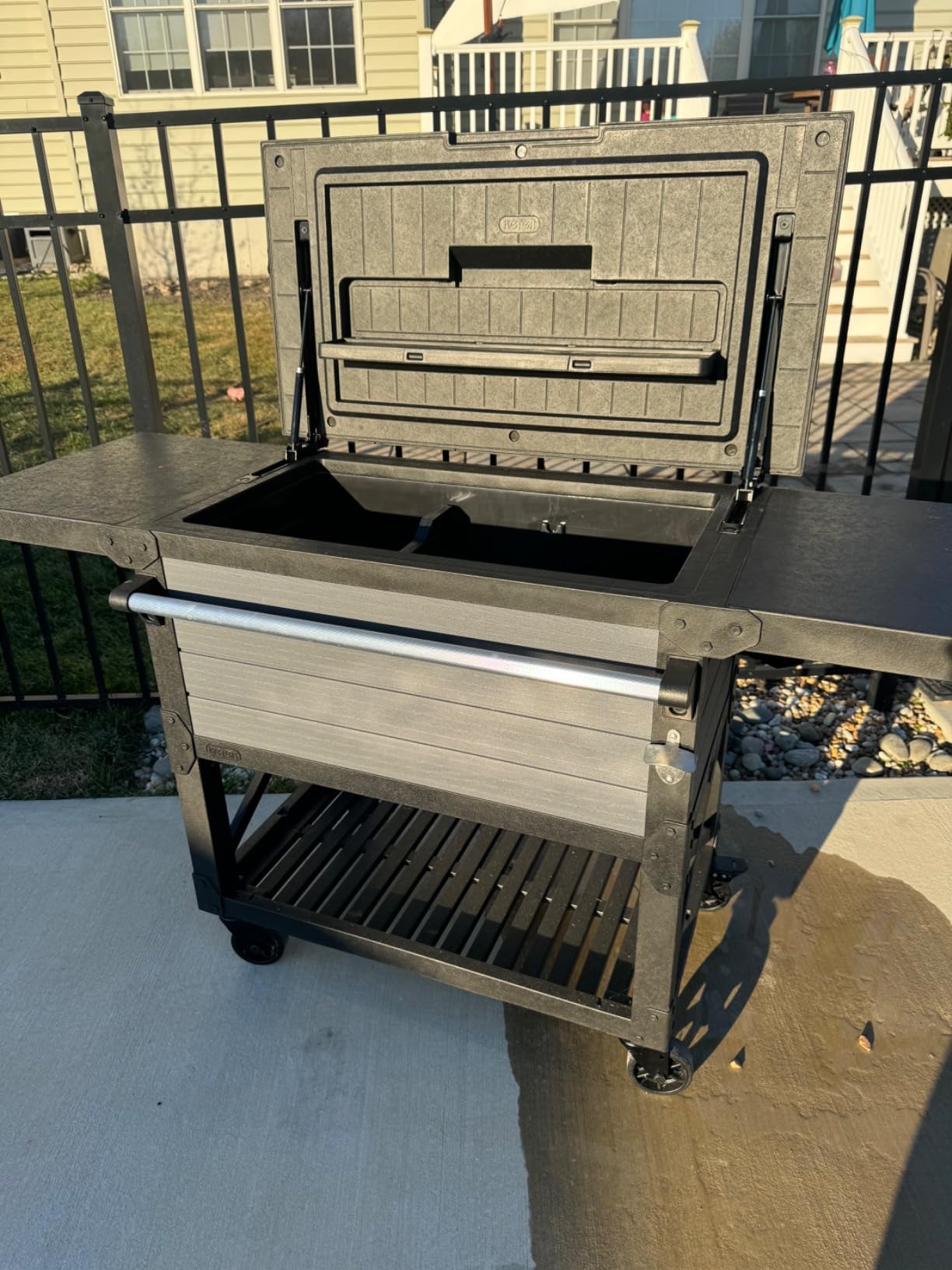Keter 89.8 Qt Portable Outdoor Patio Cooling Chest, Graphite | Cooler Chest Beverage Party Bar Cart Table with Swivel Wheels, Shelves, and Bottle Opener customer photo 1