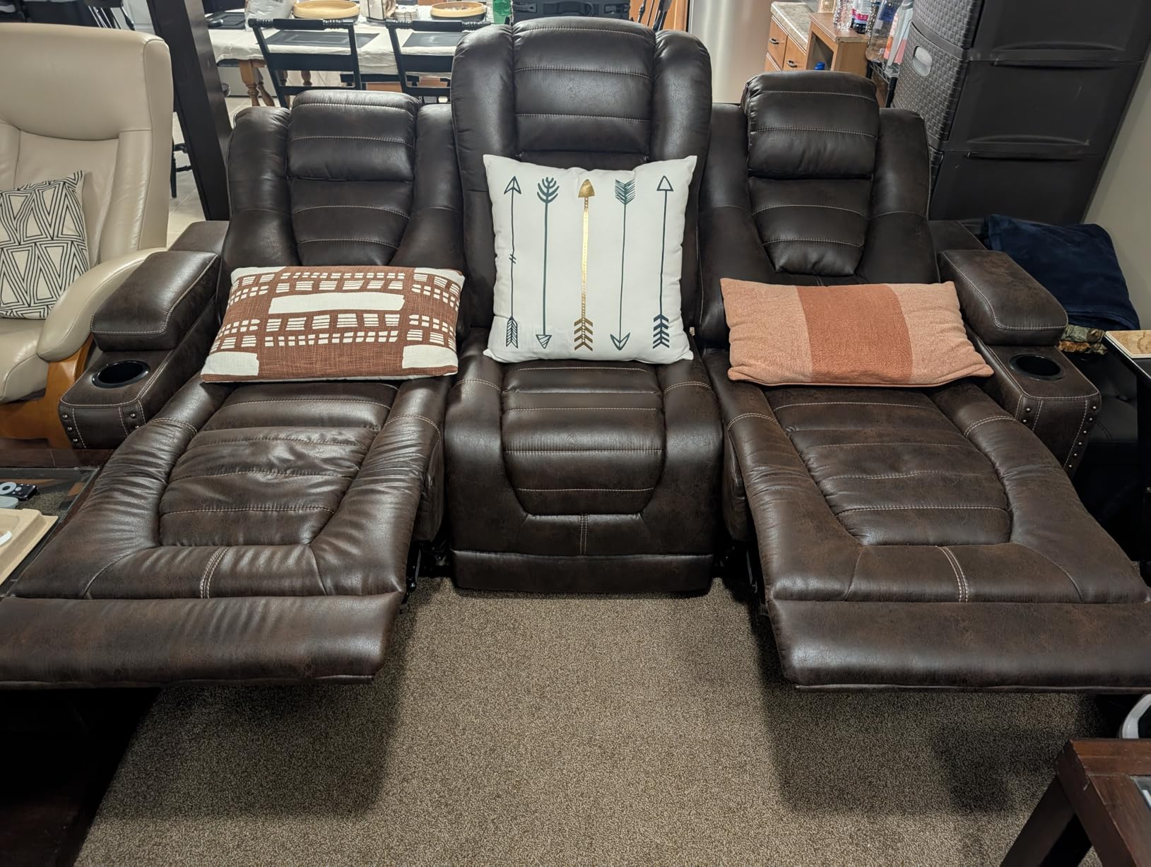 Signature Design by Ashley Faux Leather Power Reclining Sofa, Slate | 15-minute assembly, Zero gravity reclining couch, Drop-down table, Wireless charging, Power headrest, Next-Gen series customer photo 2