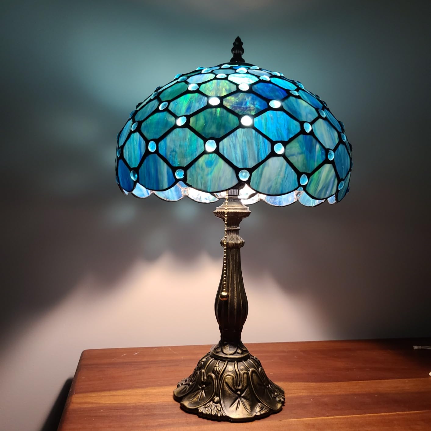 Tiffany Table Lamp Stained Glass 12X12X19 Inch Sea Blue Pear customer photo 1