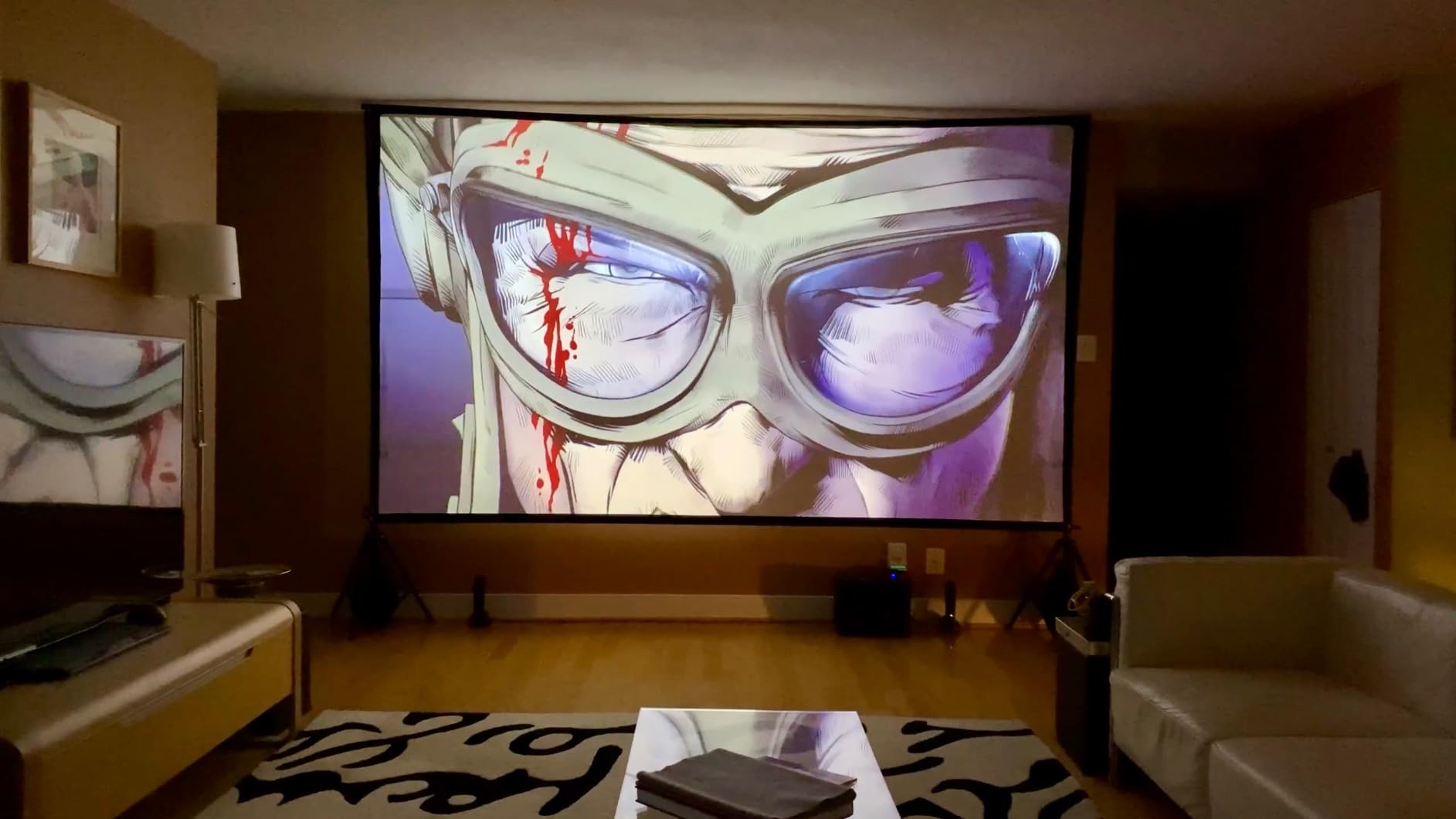 100 Inch Outdoor Projector Screen with One-Piece Telescopic Stand, Wrinkle-Resistant 4K HD Movie Screen for Backyard, Camping and Indoor Home Theater (Fits Long Throw Projectors) customer photo 1