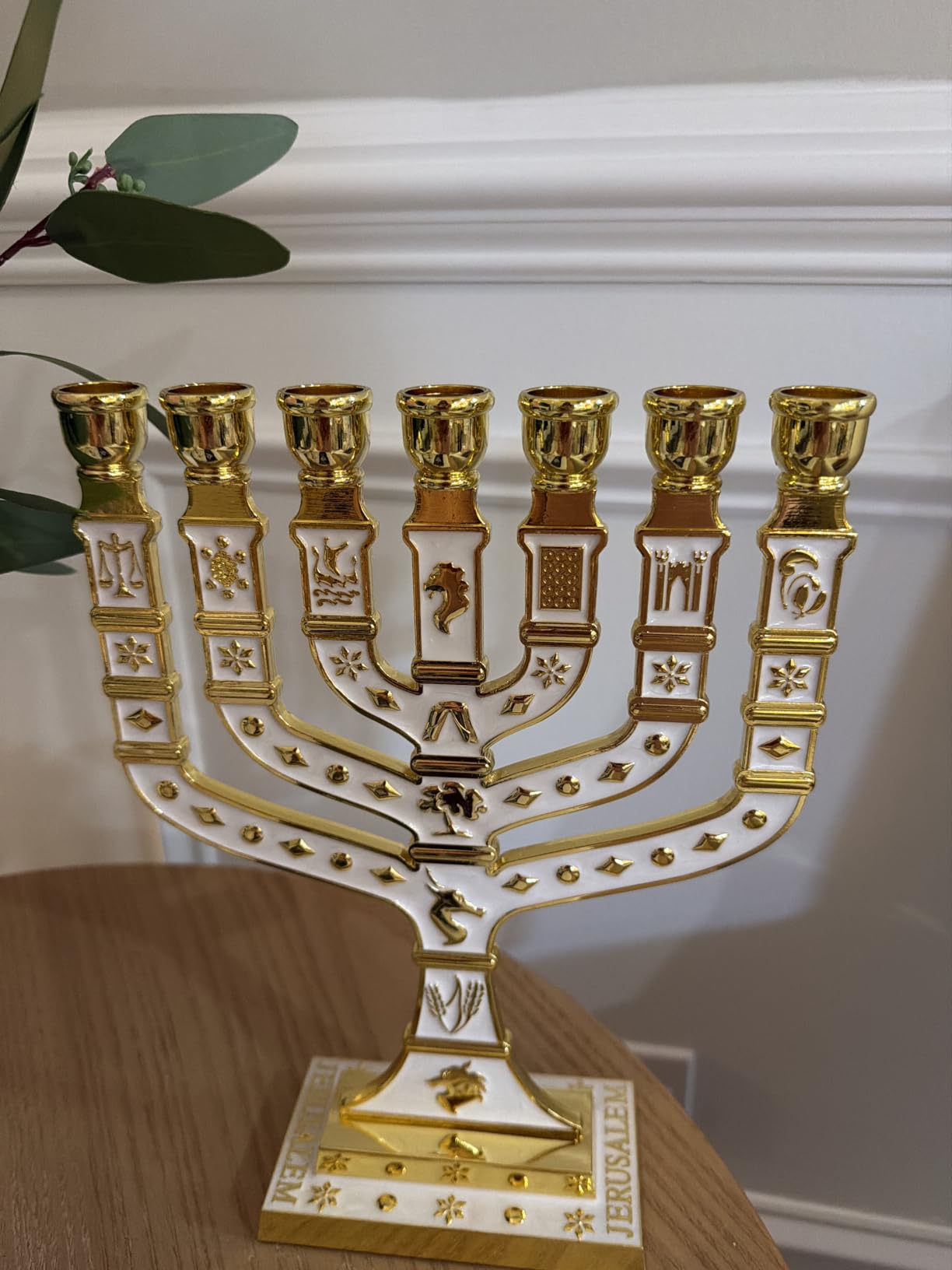 Jerusalem Blue Enamel 7 Branch Menorah 10.8