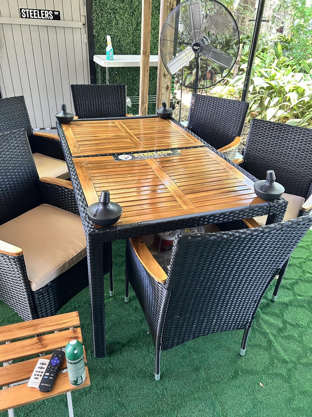 Devoko 7 PCS Acacia Wood Patio Dining Set, Black Rattan customer photo 1