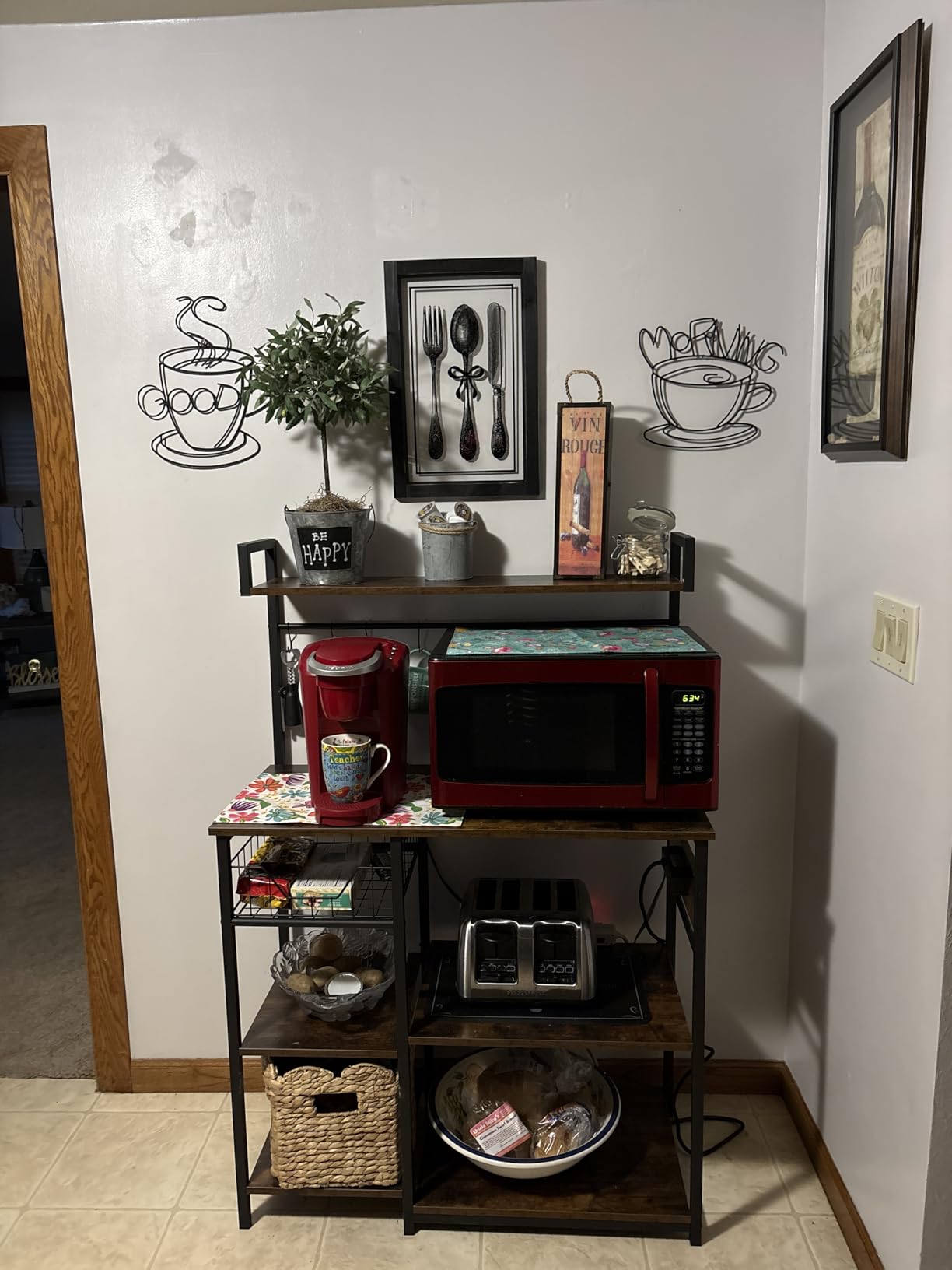 HOOBRO Bakers Rack with Power Outlet, 35.4 Inches Coffee Bar with Mesh Basket, Microwave Stand with 4 S-Shaped Hooks, Kitchen Bakers Rack with Storage, Easy to Assemble, Rustic Brown BF05HB01 customer photo 1