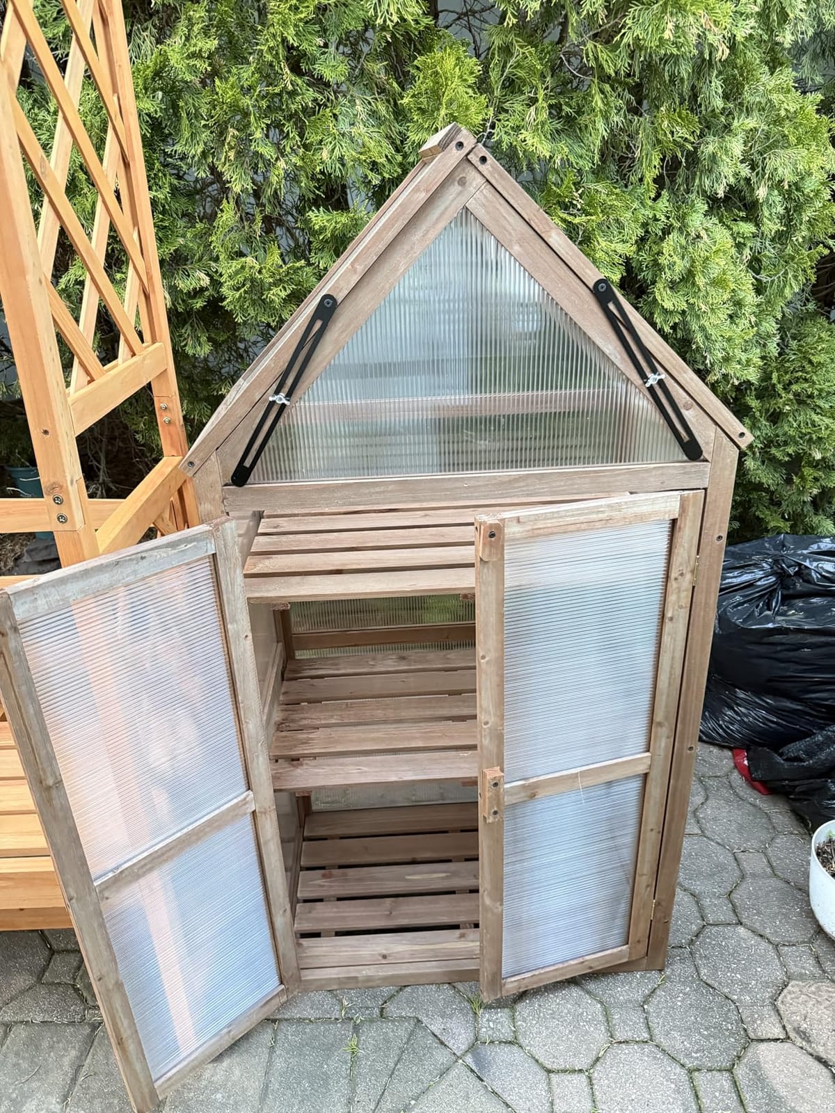 LDAILY Cold Frame Greenhouse, Wooden Raised Flower Planter Shelf w/ Triangular Top Grow Protection, Double Doors, Greenhouse Cabinet for Outdoor Patio Balcony Garden Backyard, 27