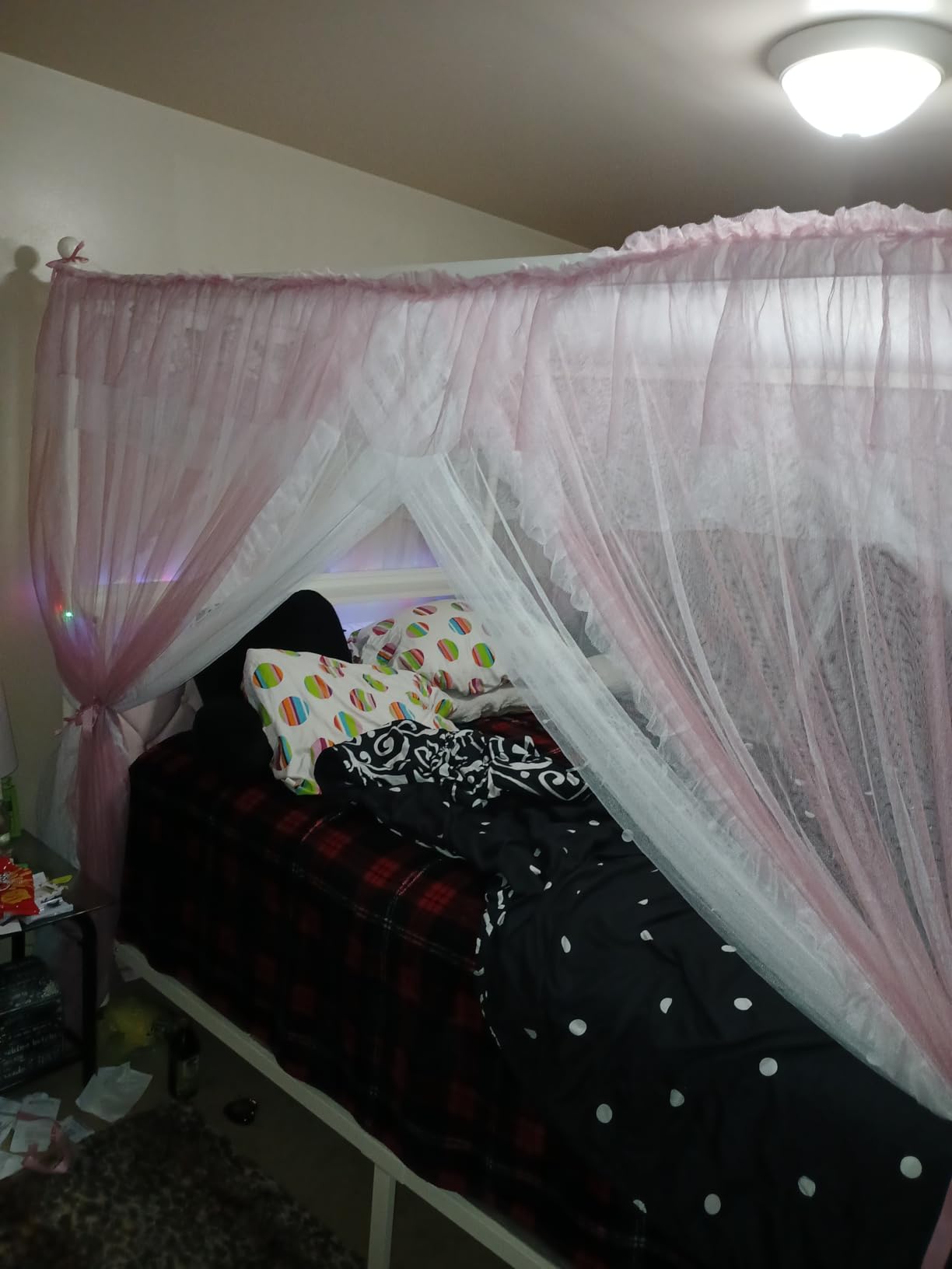 VETHIN 4 Corners Post Ruffle Princess Bed Canopy Curtain-Double Layer Cozy Drape Netting 4 Opening Mosquito Net for Girls Adults Bedroom Decoration (White/White, 53