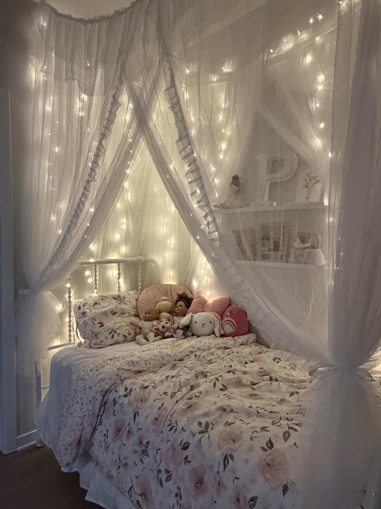 VETHIN 4 Corners Post Ruffle Princess Bed Canopy Curtain-Double Layer Cozy Drape Netting 4 Opening Mosquito Net for Girls Adults Bedroom Decoration (White/White, 53