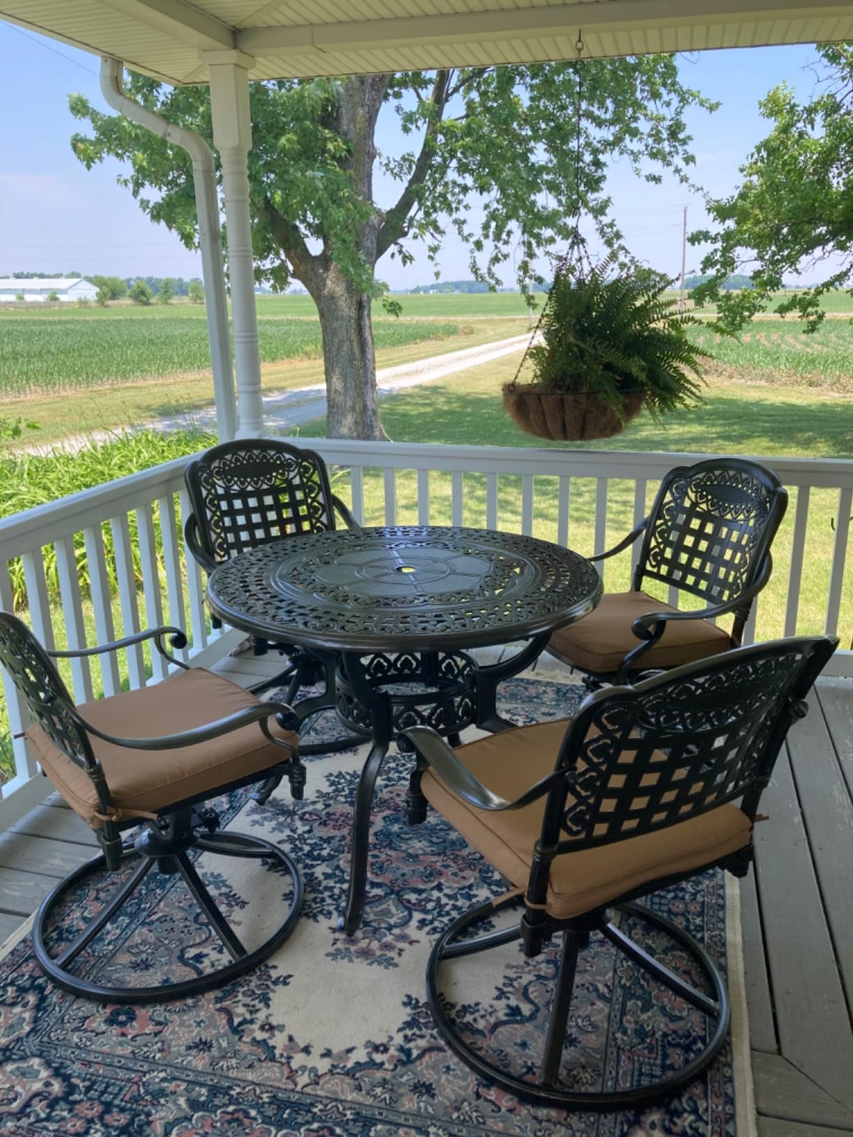 MEETWARM 5-Piece Outdoor Patio Dining Set, All-Weather Cast Aluminum Patio Conversation Set with 4 Cushions Swivel Rocker Chairs for Backyard Garden Deck and 38.5