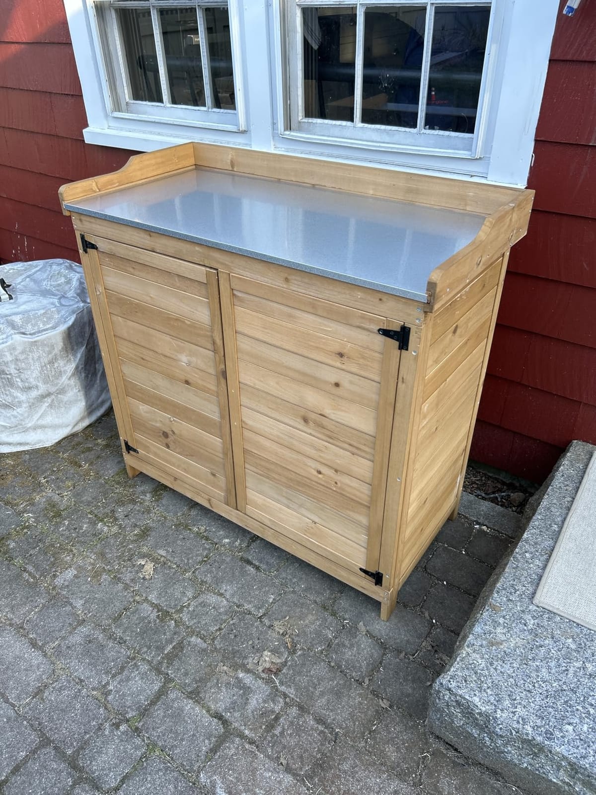 Gizoon Outdoor Potting Bench with Metal Tabletop, Wooden Cabinet, Natural customer photo 1