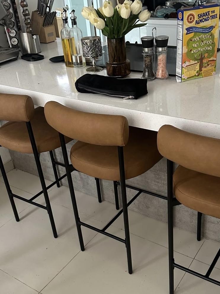 Nathan James Dahlia Counter Height Chair, Modern Barstool with Back, Mid-Century Metal Legs and Leather Padded Cushion for Kitchen, Island and Bars, Brown/Black, Set of 4 customer photo 1