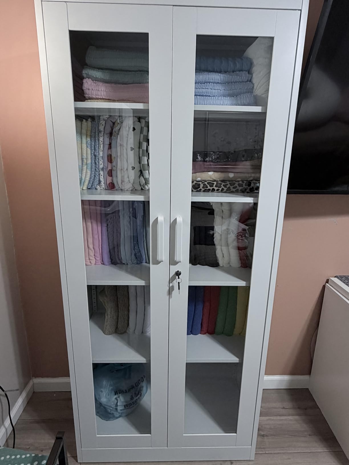 PEUKC Display Cabinet with Glass Doors, 71 Inches Metal Display Case with 4 Adjustable Shelves, Curio Storage Cabinet with Lock for Home, Office, Book, Pantry, Assemble Required (White) customer photo 1