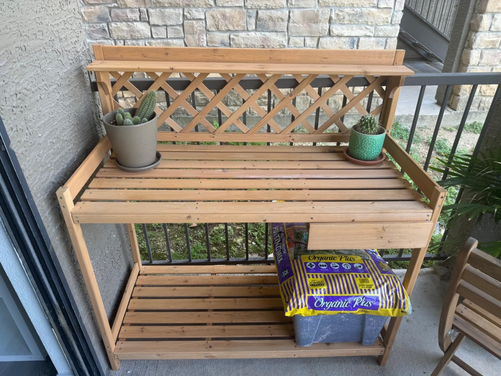 Best Choice Products Outdoor Garden Potting Bench, Wooden Workstation Table w/Cabinet Drawer, Open Shelf, Lower Storage, Lattice Back - Gray customer photo 1