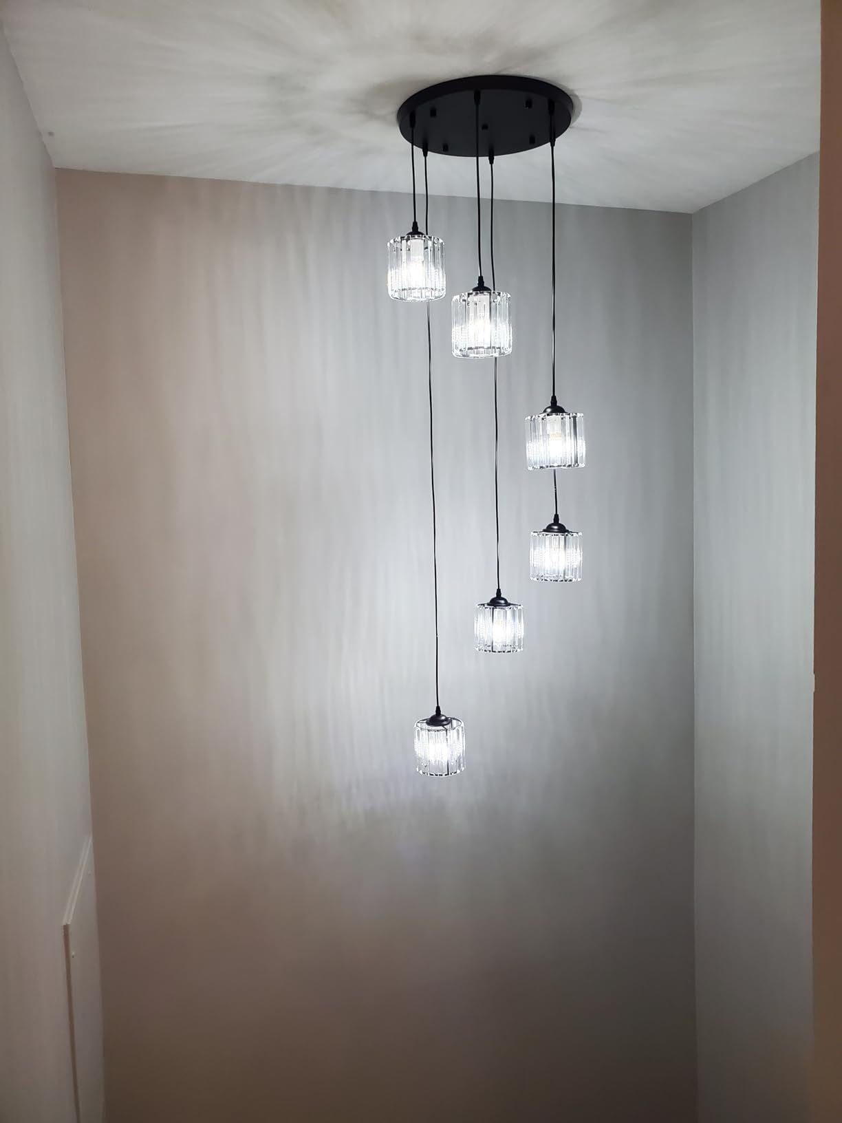 Long Chandeliers for High Ceilings,Modern Crystal Pendant Light,Raindrop Drop Lamp,Hanging Flush Mount Lighting Fixtures for Spiral Staircase,Foyer,Entryway,Living Room,Black (8 Lights) customer photo 2