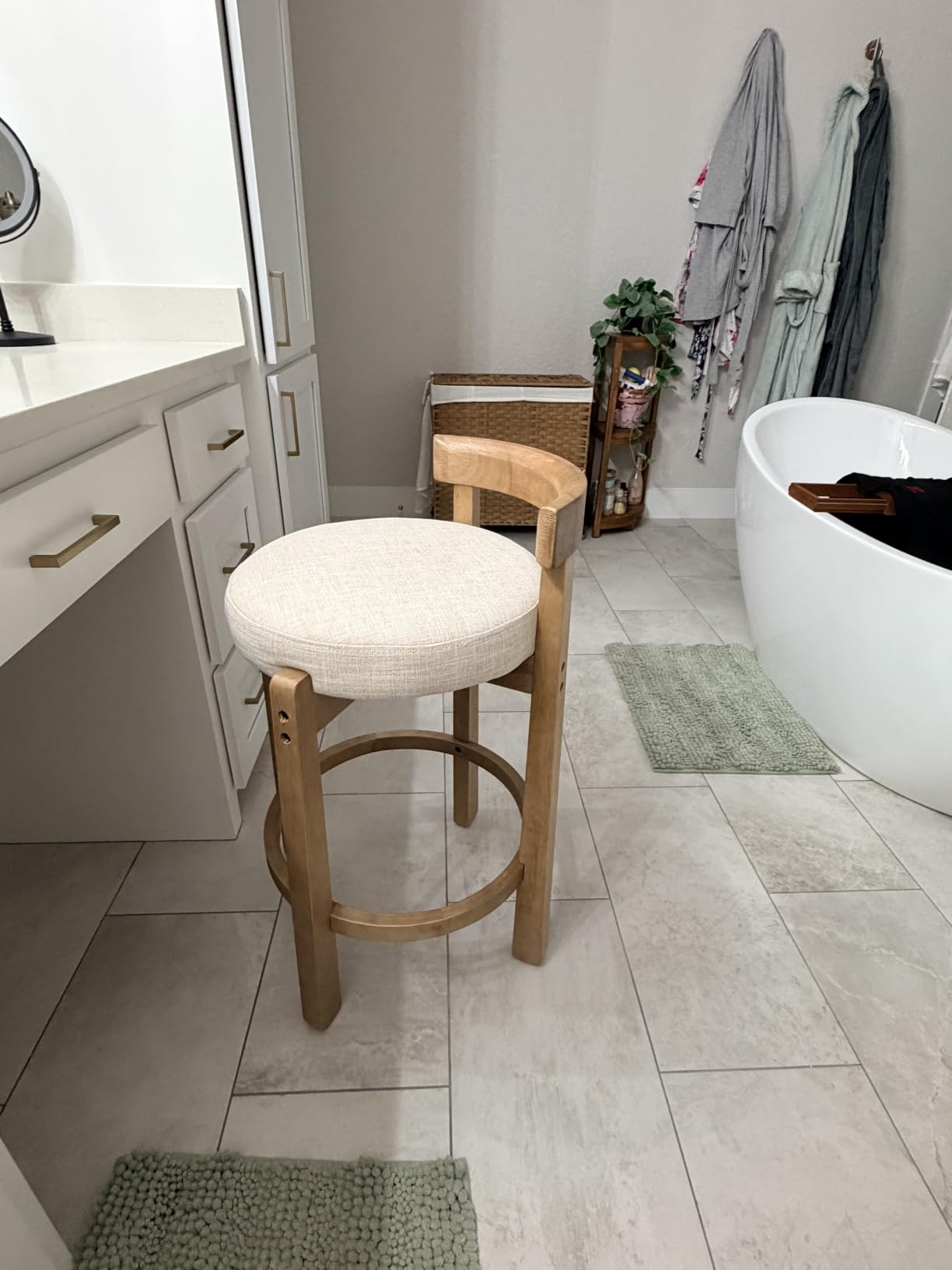 LukeAlon Mid Century Linen Counter Stools Set of 4, Upholstered 26.5” Seat Height Low Barstools with Natural Wood Legs Round Low Back Kitchen Stools with Footrest for Dining Room, Beige customer photo 1